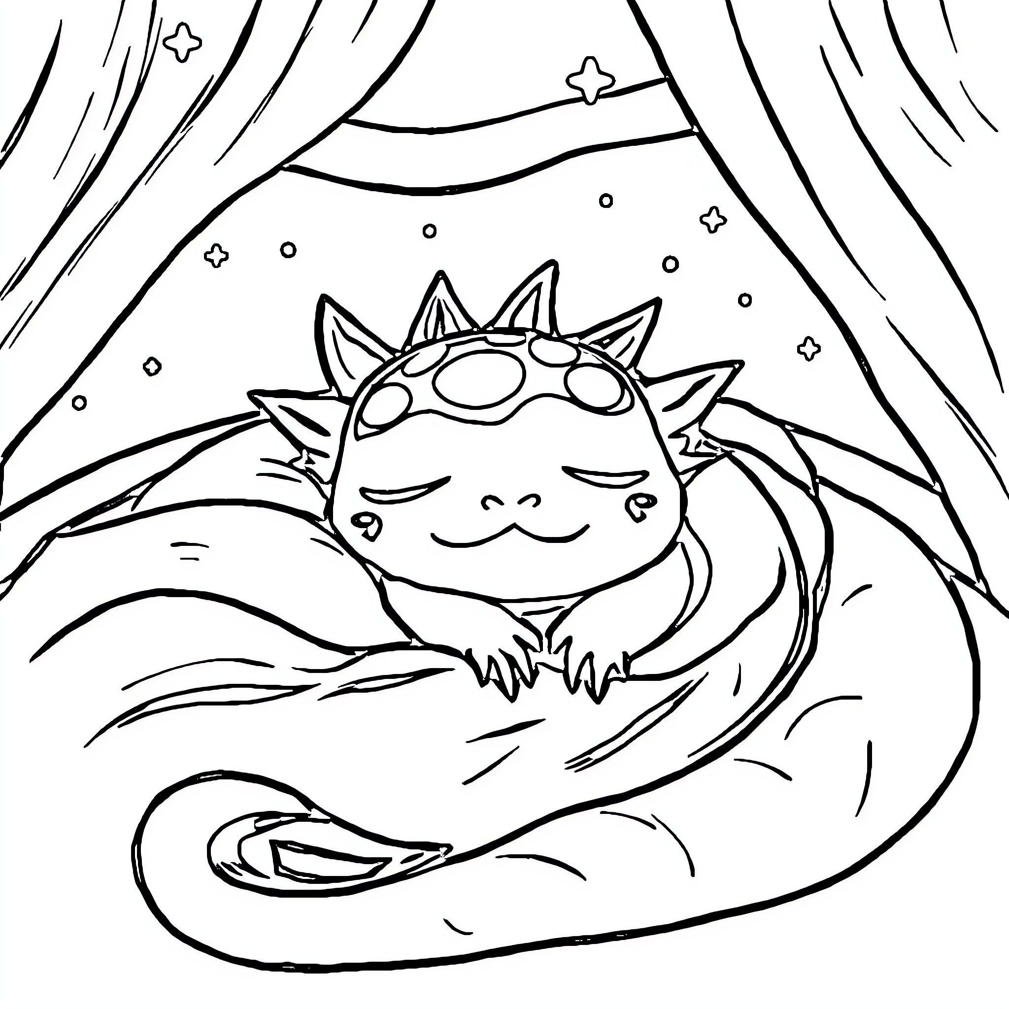 Axolotl resting in cozy surroundings Coloring Page (free black-and-white line drawing printable PDF for all, from beginners to advanced learners, including children, teens, adults, and seniors)