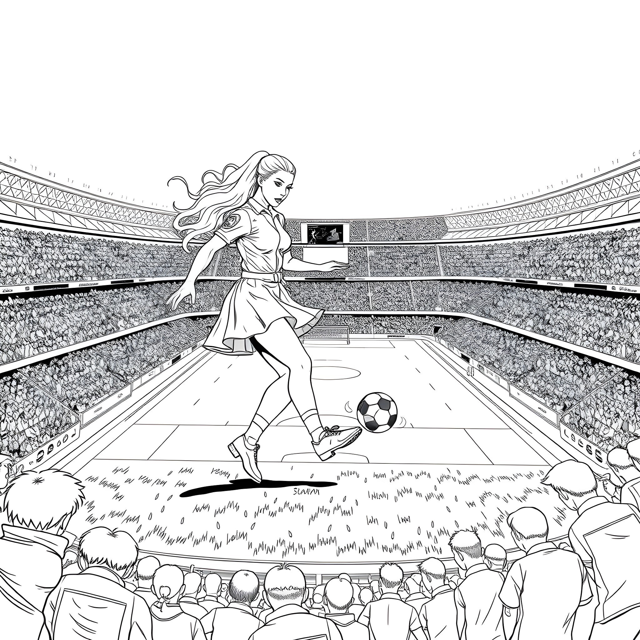 Lady Gaga performing on a soccer field before a cheering crowd Coloring Page (free black-and-white line drawing printable PDF for all, from beginners to advanced learners, including children, teens, adults, and seniors)