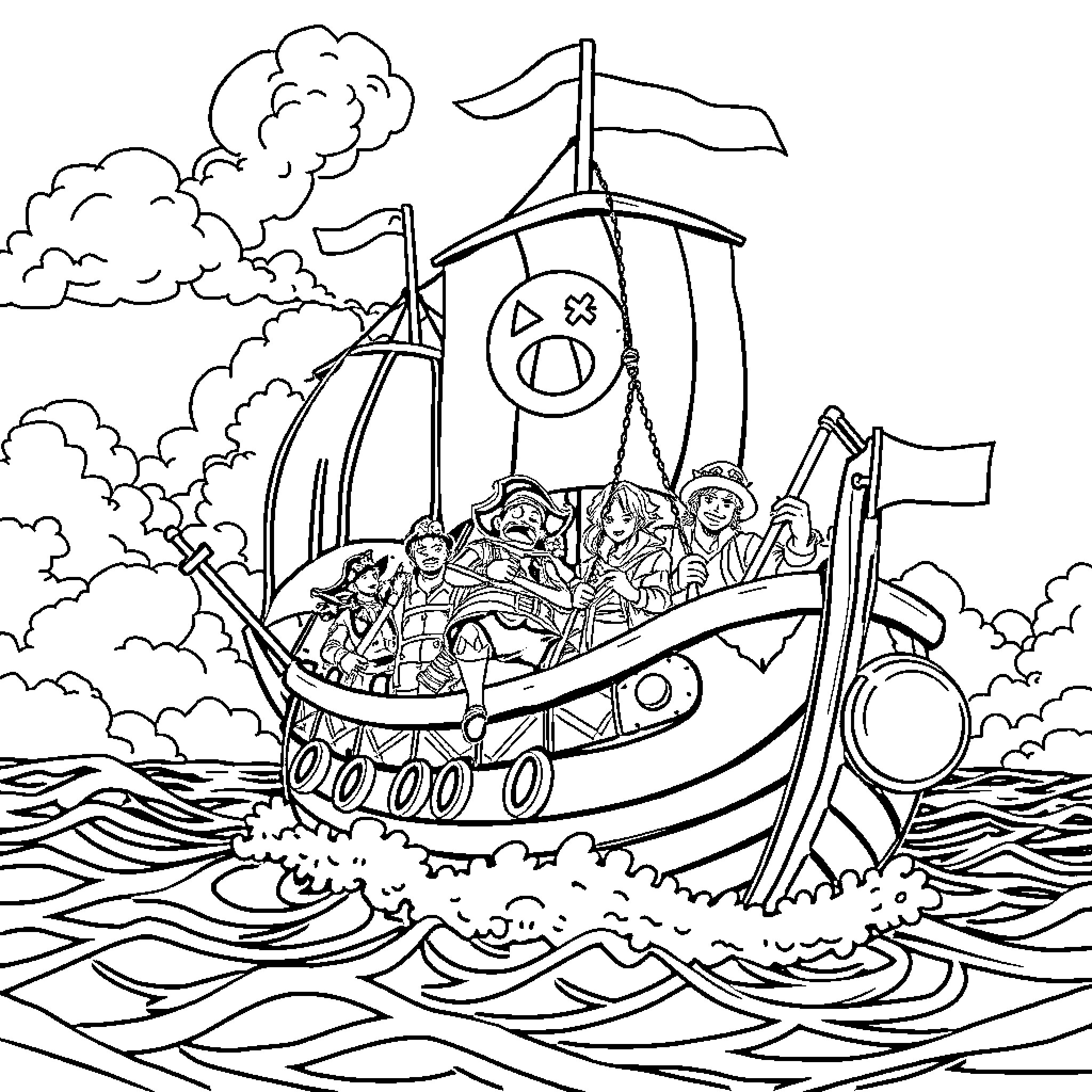One Piece Crew Sailing on the High Seas Coloring Page (free black-and-white line drawing printable PDF for all, from beginners to advanced learners, including children, teens, adults, and seniors)