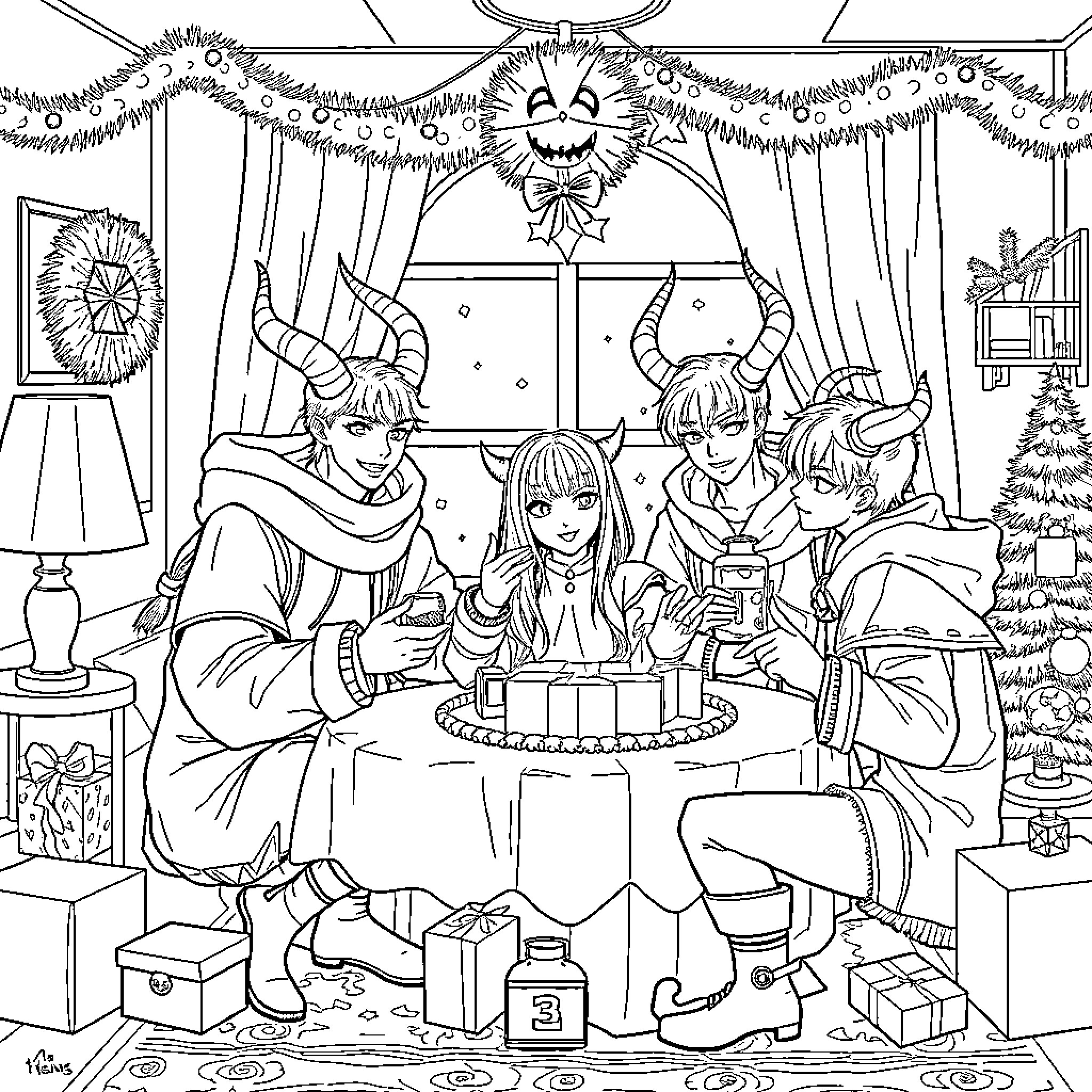 K Pop Idols Celebrating Festive Occasion with Joy Coloring Page (free black-and-white line drawing printable PDF for all, from beginners to advanced learners, including children, teens, adults, and seniors)