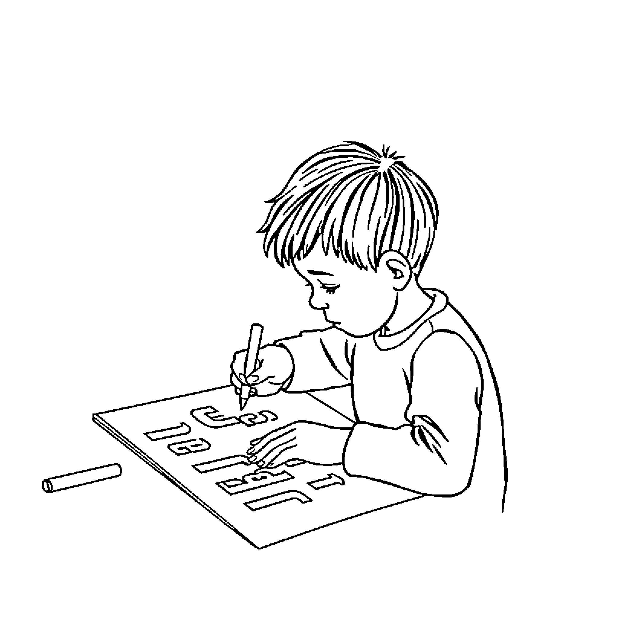 Letter of a Child Writing Diligently Coloring Page (free black-and-white line drawing printable PDF for all, from beginners to advanced learners, including children, teens, adults, and seniors)