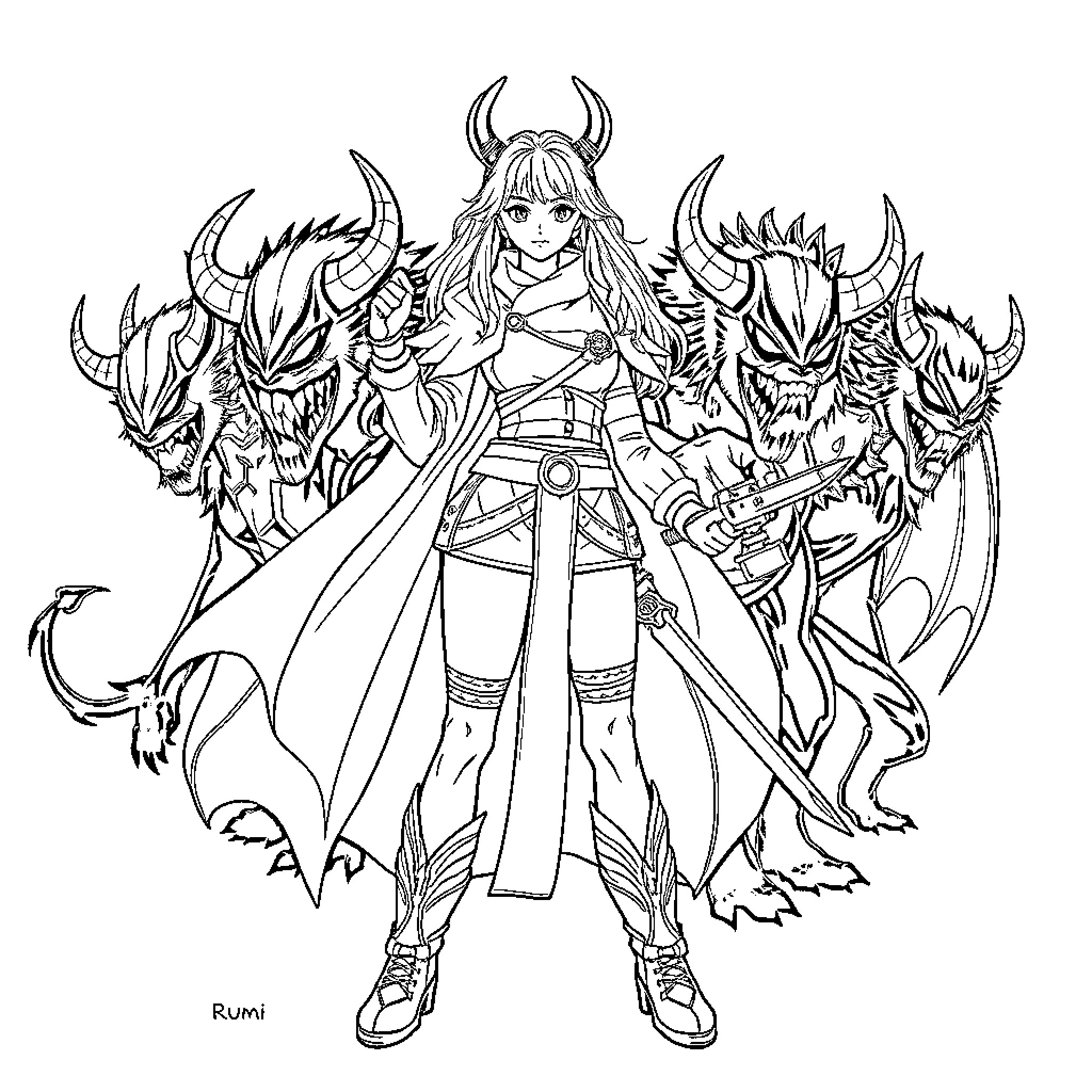 Rumi's Fierce Demonic Warrior Attire Coloring Page (free black-and-white line drawing printable PDF for all, from beginners to advanced learners, including children, teens, adults, and seniors)