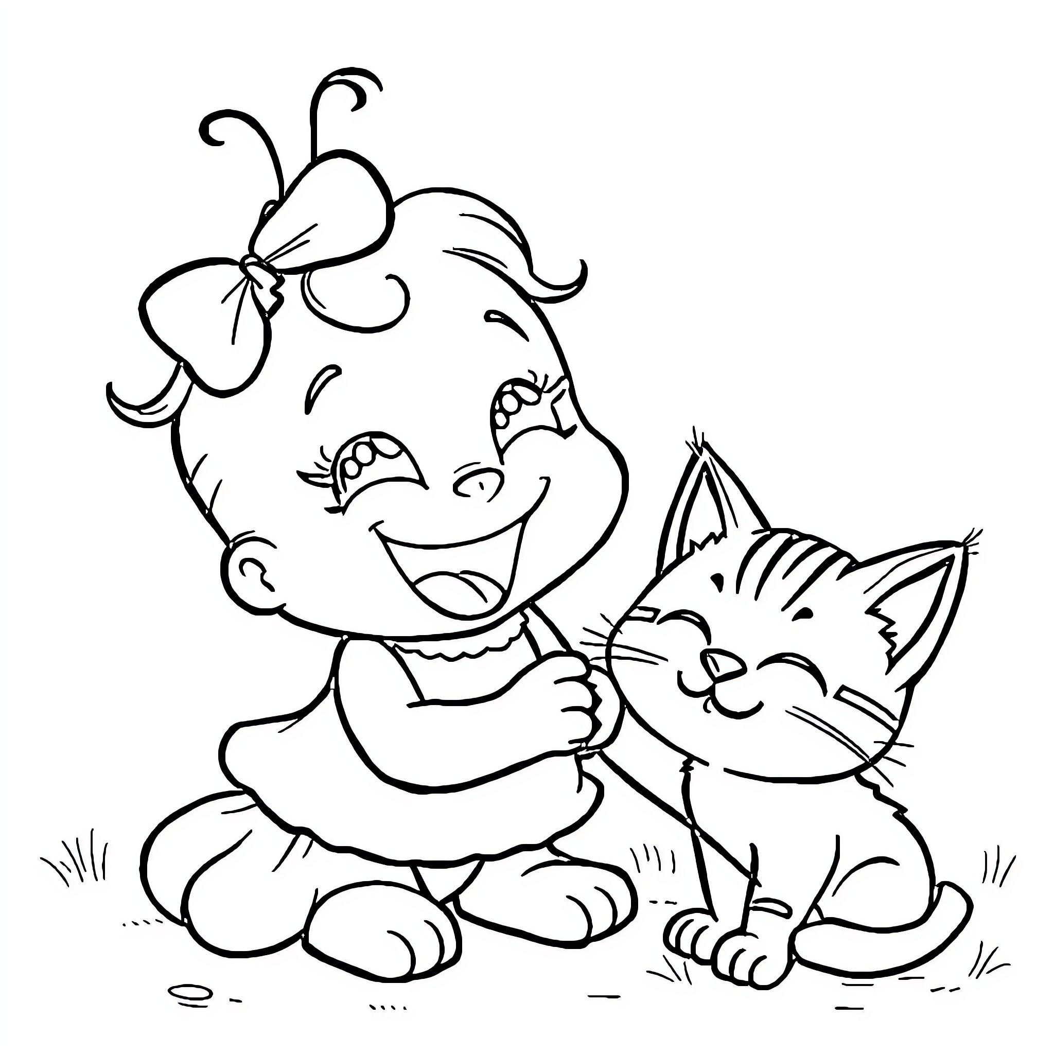 Poupée playing with a happy kitten Coloring Page (free black-and-white line drawing printable PDF for all, from beginners to advanced learners, including children, teens, adults, and seniors)