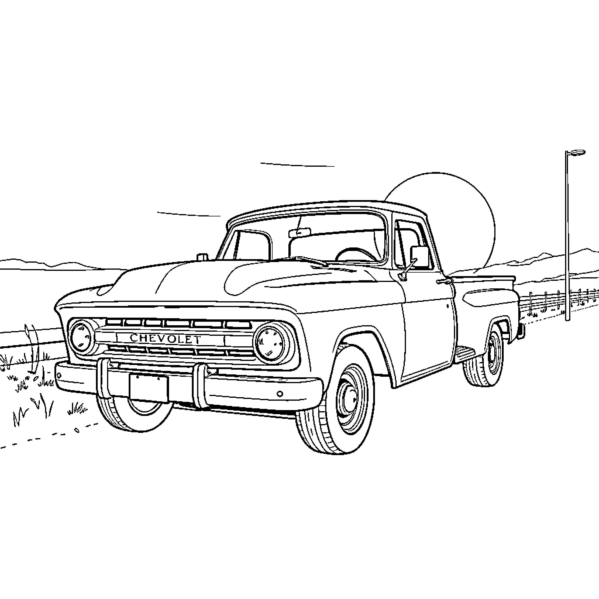 Truck parked on rural road with landscape Coloring Page (free black-and-white line drawing printable PDF for all, from beginners to advanced learners, including children, teens, adults, and seniors)