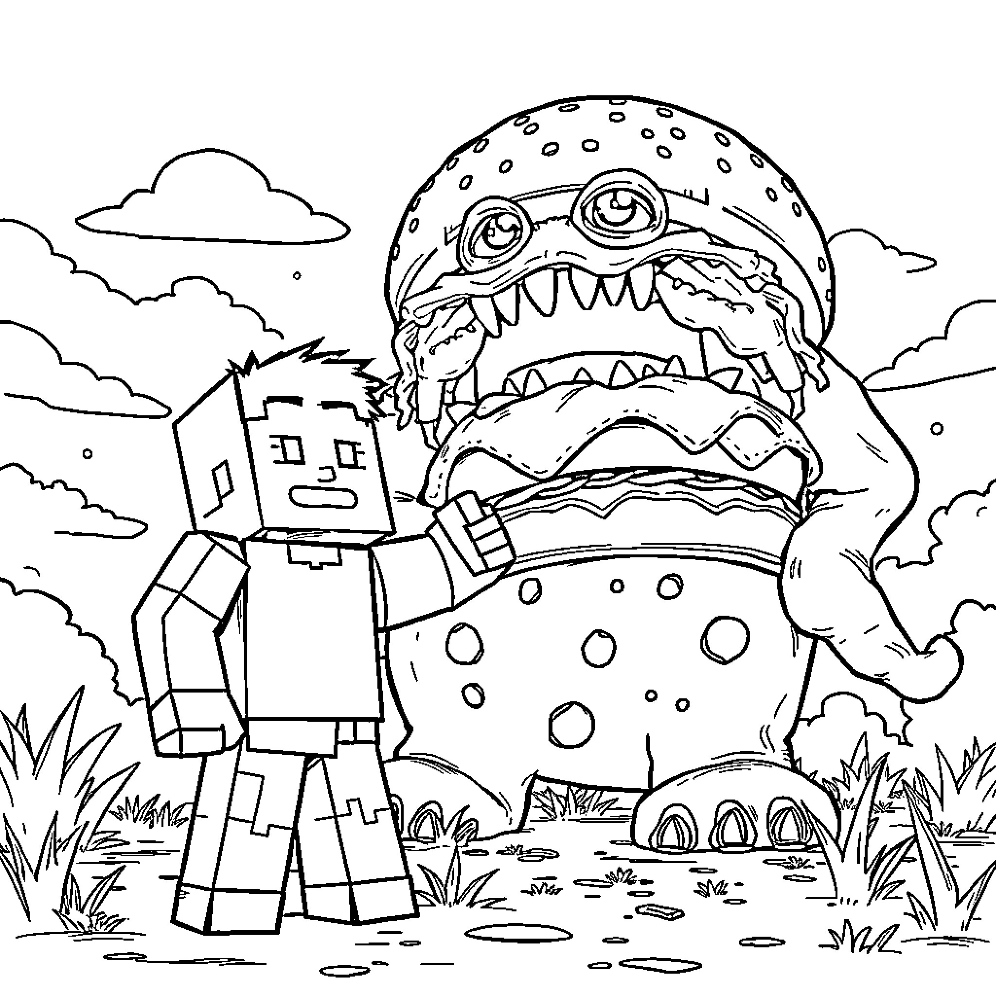Steve's Encounter with a Giant Monster in the Outdoors Coloring Page (free black-and-white line drawing printable PDF for all, from beginners to advanced learners, including children, teens, adults, and seniors)