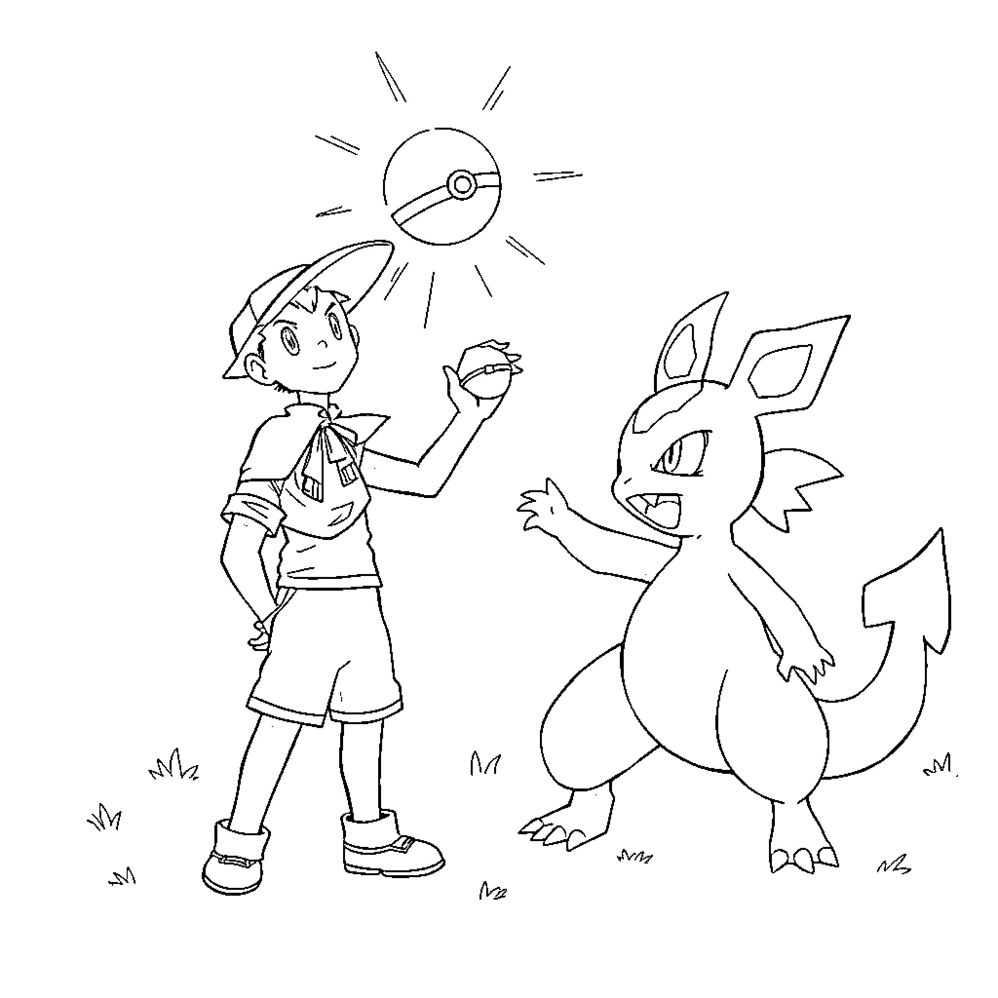 Ash Ketchum exploring the world with his Pokemon companion Coloring Page (free black-and-white line drawing printable PDF for all, from beginners to advanced learners, including children, teens, adults, and seniors)