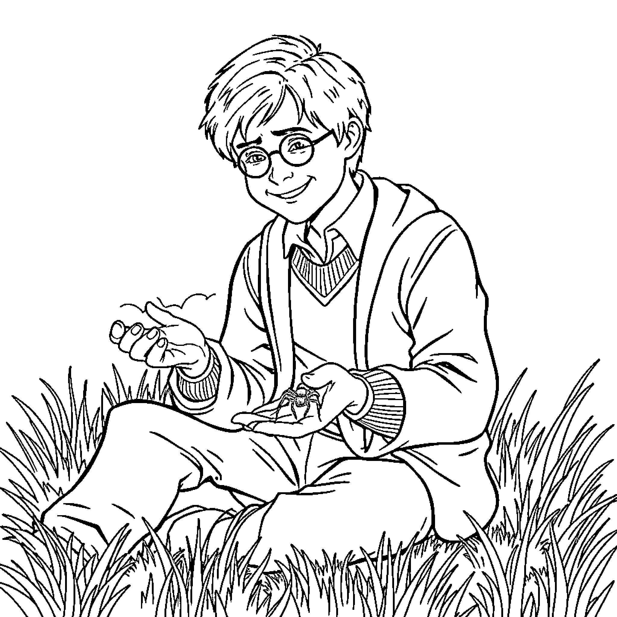 Ron Weasley observing nature in the grass Coloring Page (free black-and-white line drawing printable PDF for all, from beginners to advanced learners, including children, teens, adults, and seniors)