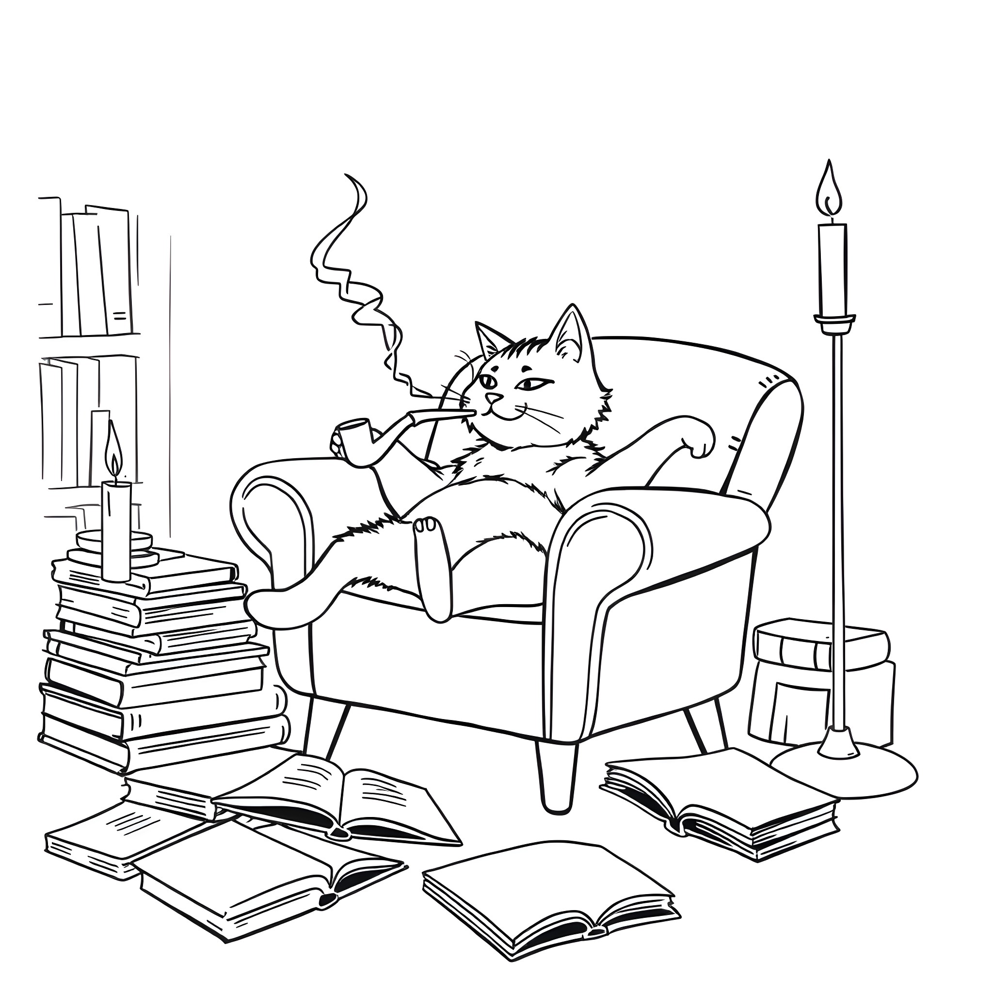 Cat relaxing with books and candle in cozy chair Coloring Page (free black-and-white line drawing printable PDF for all, from beginners to advanced learners, including children, teens, adults, and seniors)