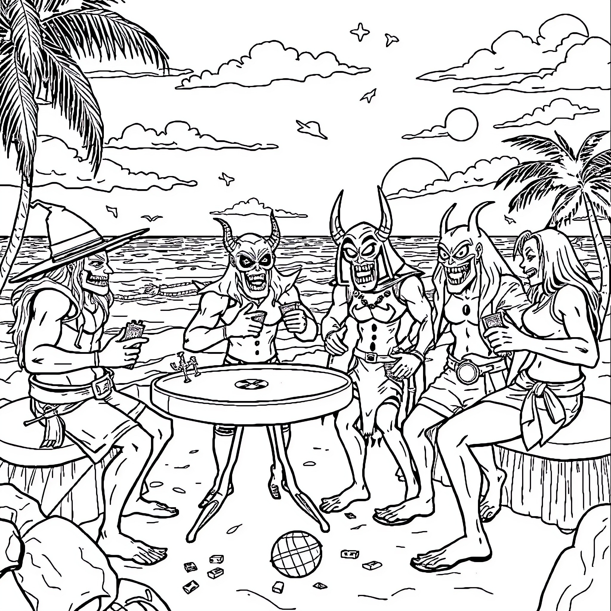 Villain's Tropical Beach Party Coloring Page (free black-and-white line drawing printable PDF for all, from beginners to advanced learners, including children, teens, adults, and seniors)
