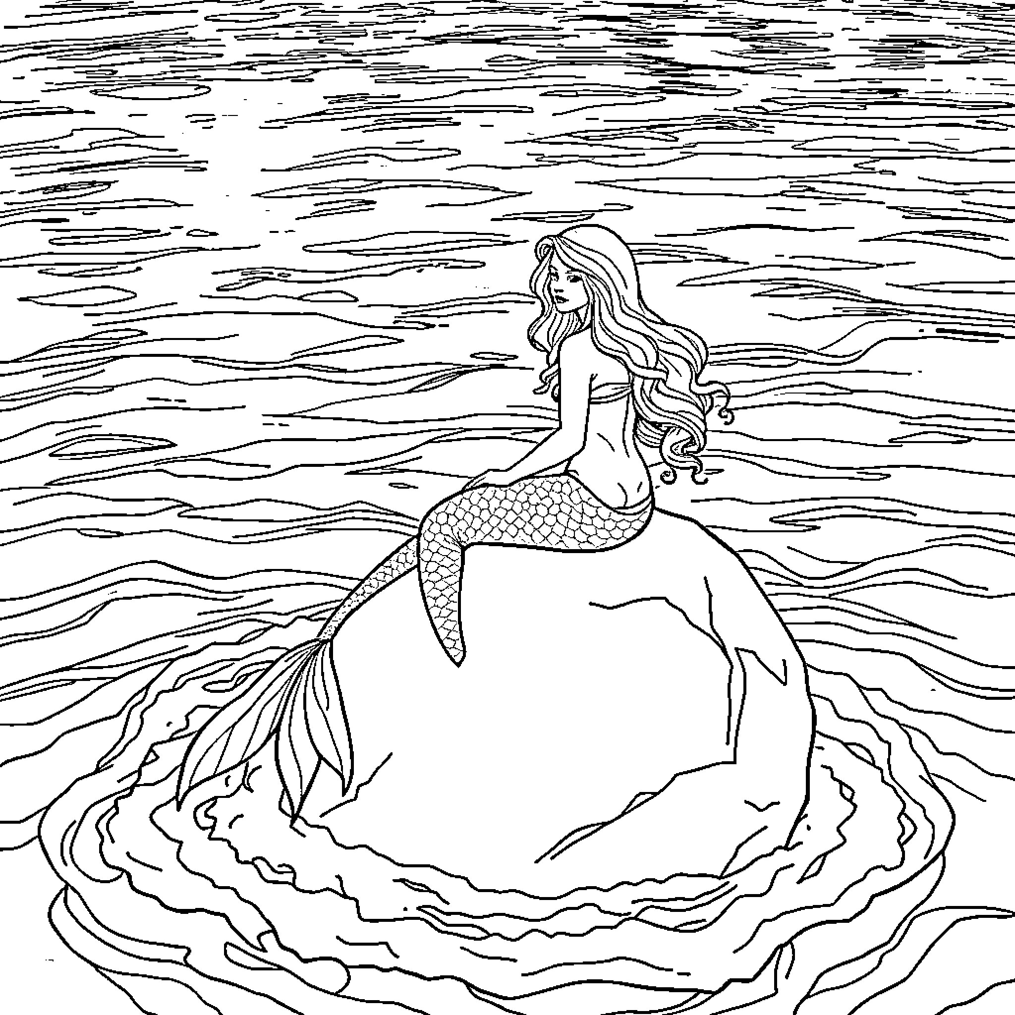 Mermaid swimming gracefully in the open sea Coloring Page (free black-and-white line drawing printable PDF for all, from beginners to advanced learners, including children, teens, adults, and seniors)