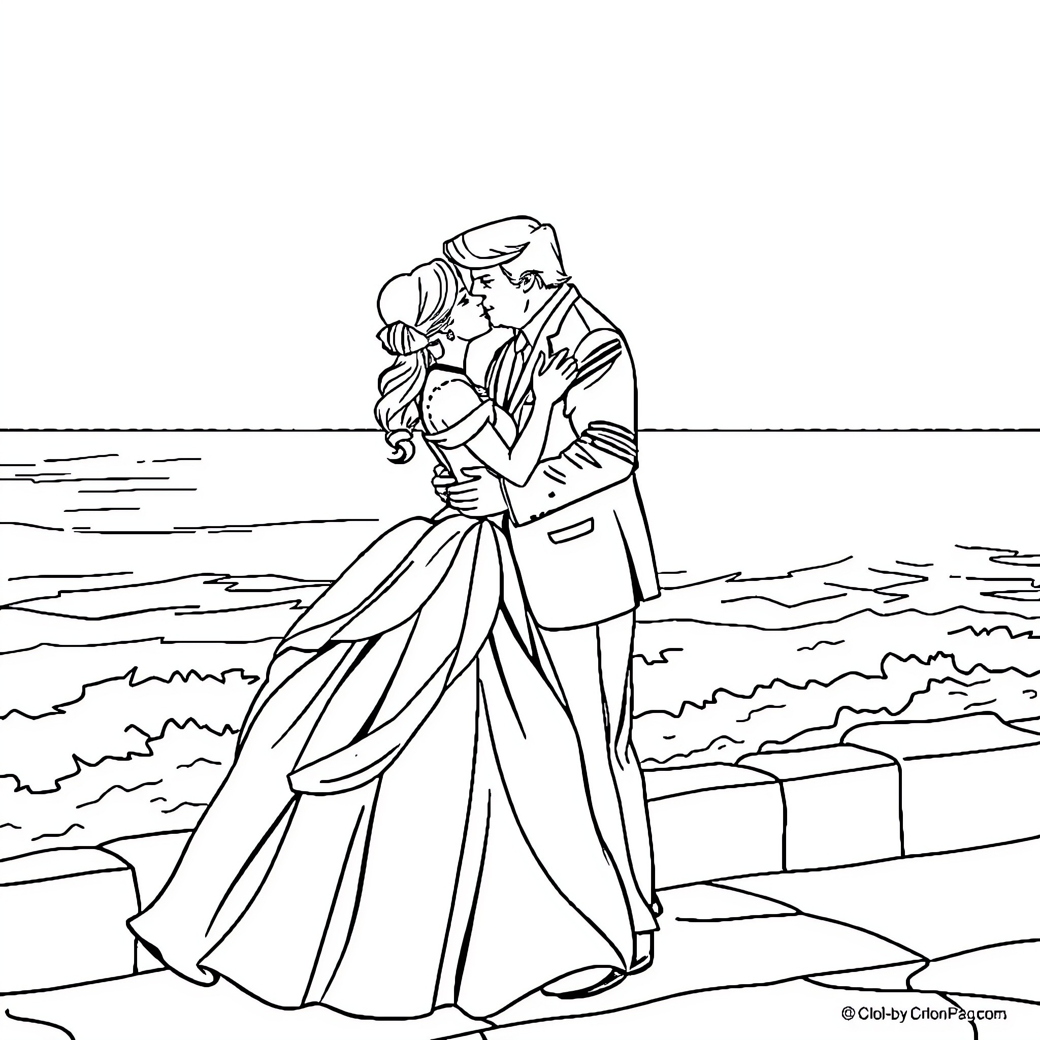 Cinderella's Enchanting Dance with Her Prince Coloring Page (free black-and-white line drawing printable PDF for all, from beginners to advanced learners, including children, teens, adults, and seniors)