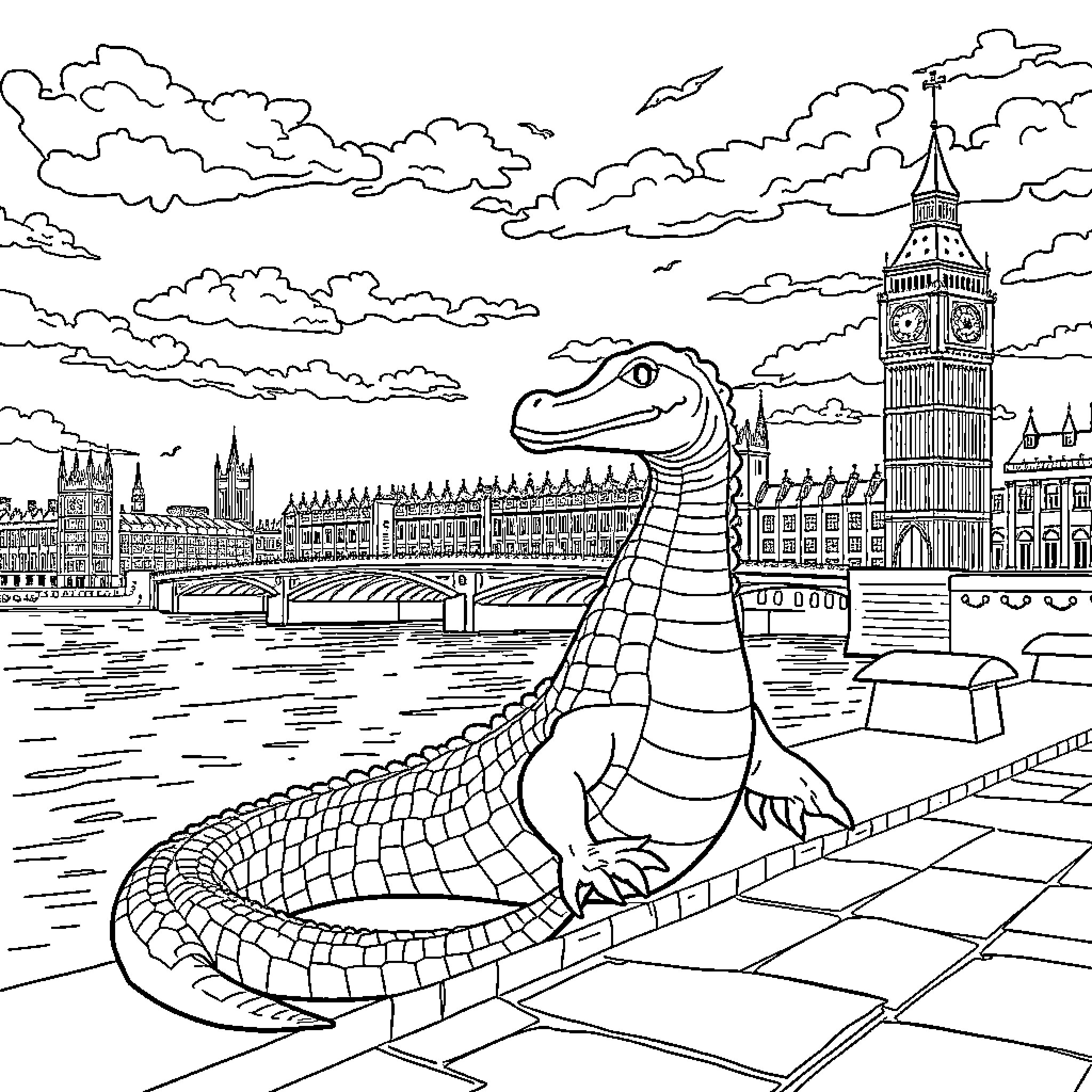 Loch Ness Monster exploring the streets of London Coloring Page (free black-and-white line drawing printable PDF for all, from beginners to advanced learners, including children, teens, adults, and seniors)