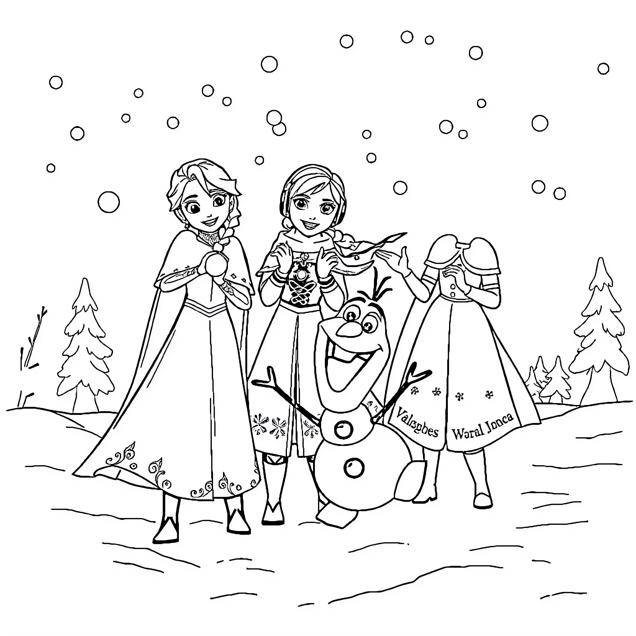 Elsa and Friends Explore the Snowy Wonderland Coloring Page (free black-and-white line drawing printable PDF for all, from beginners to advanced learners, including children, teens, adults, and seniors)