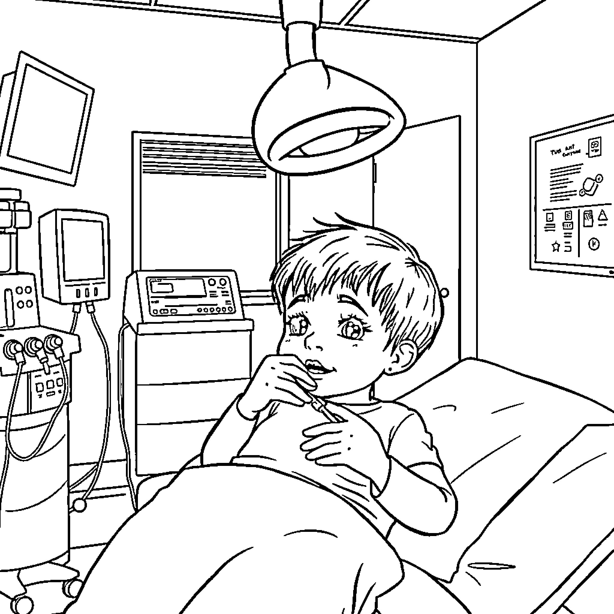 Child resting in a medical examination room Coloring Page (free black-and-white line drawing printable PDF for all, from beginners to advanced learners, including children, teens, adults, and seniors)