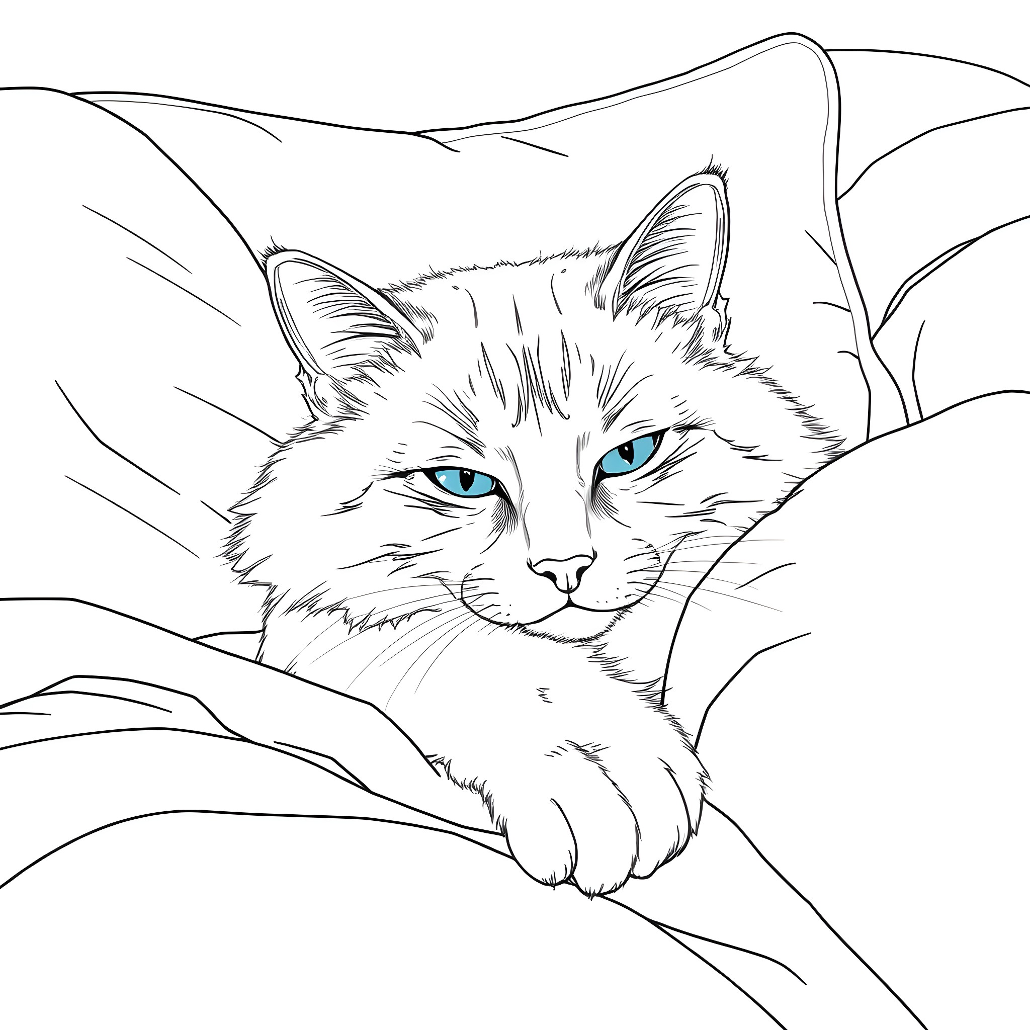 Cat resting peacefully in nature Coloring Page (free black-and-white line drawing printable PDF for all, from beginners to advanced learners, including children, teens, adults, and seniors)