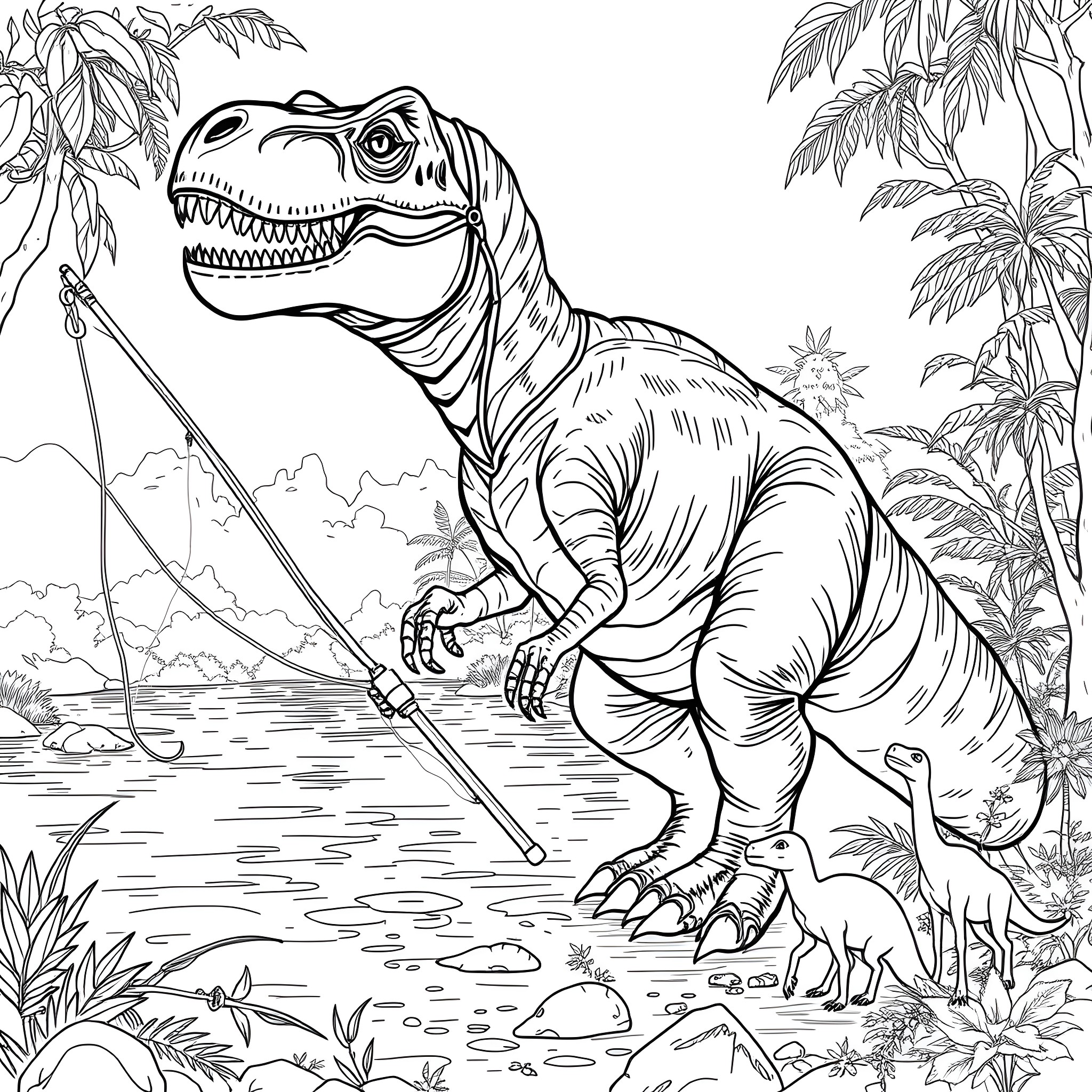T-Rex fishing in the prehistoric landscape Coloring Page (free black-and-white line drawing printable PDF for all, from beginners to advanced learners, including children, teens, adults, and seniors)