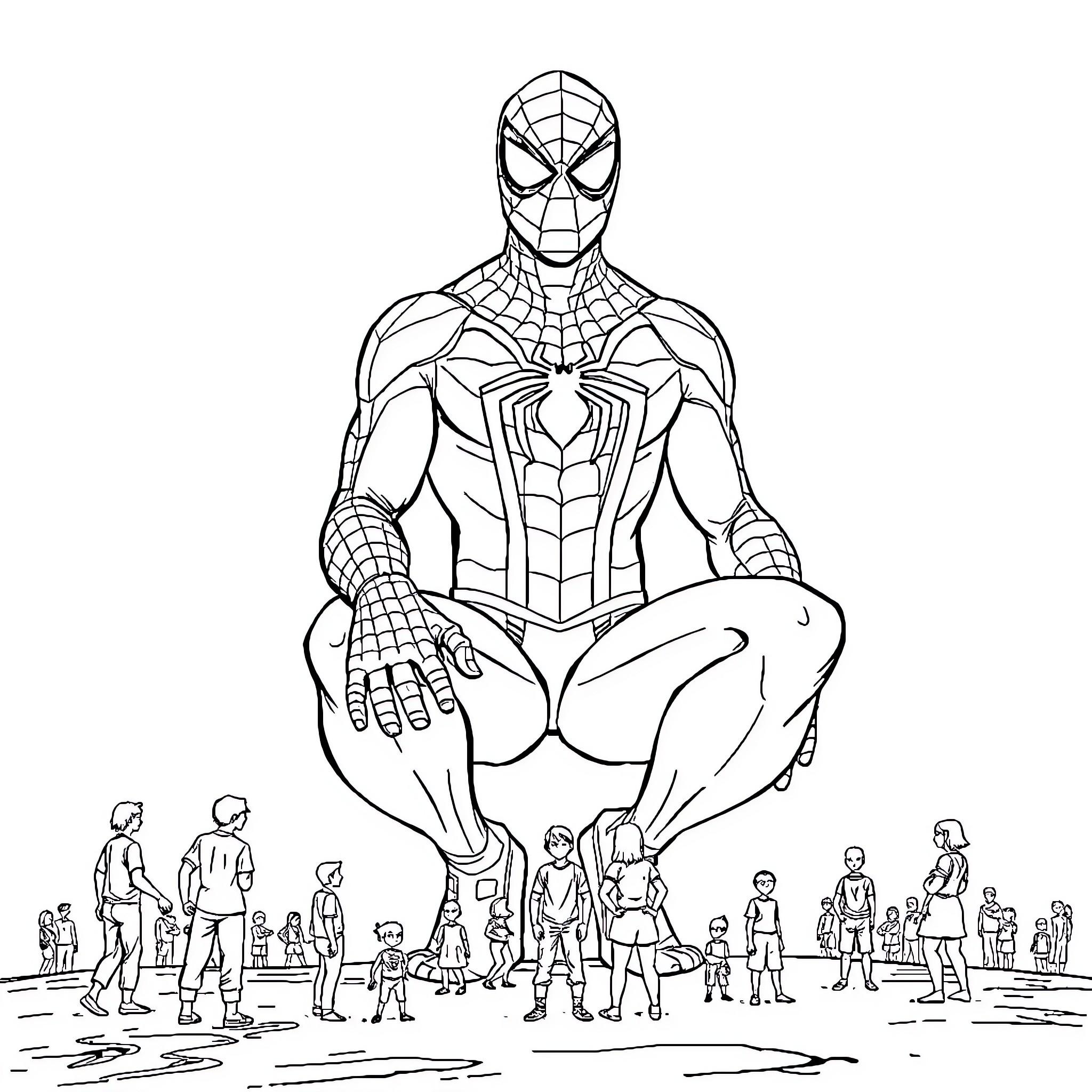 Spiderman crouching amidst crowd of people Coloring Page (free black-and-white line drawing printable PDF for all, from beginners to advanced learners, including children, teens, adults, and seniors)