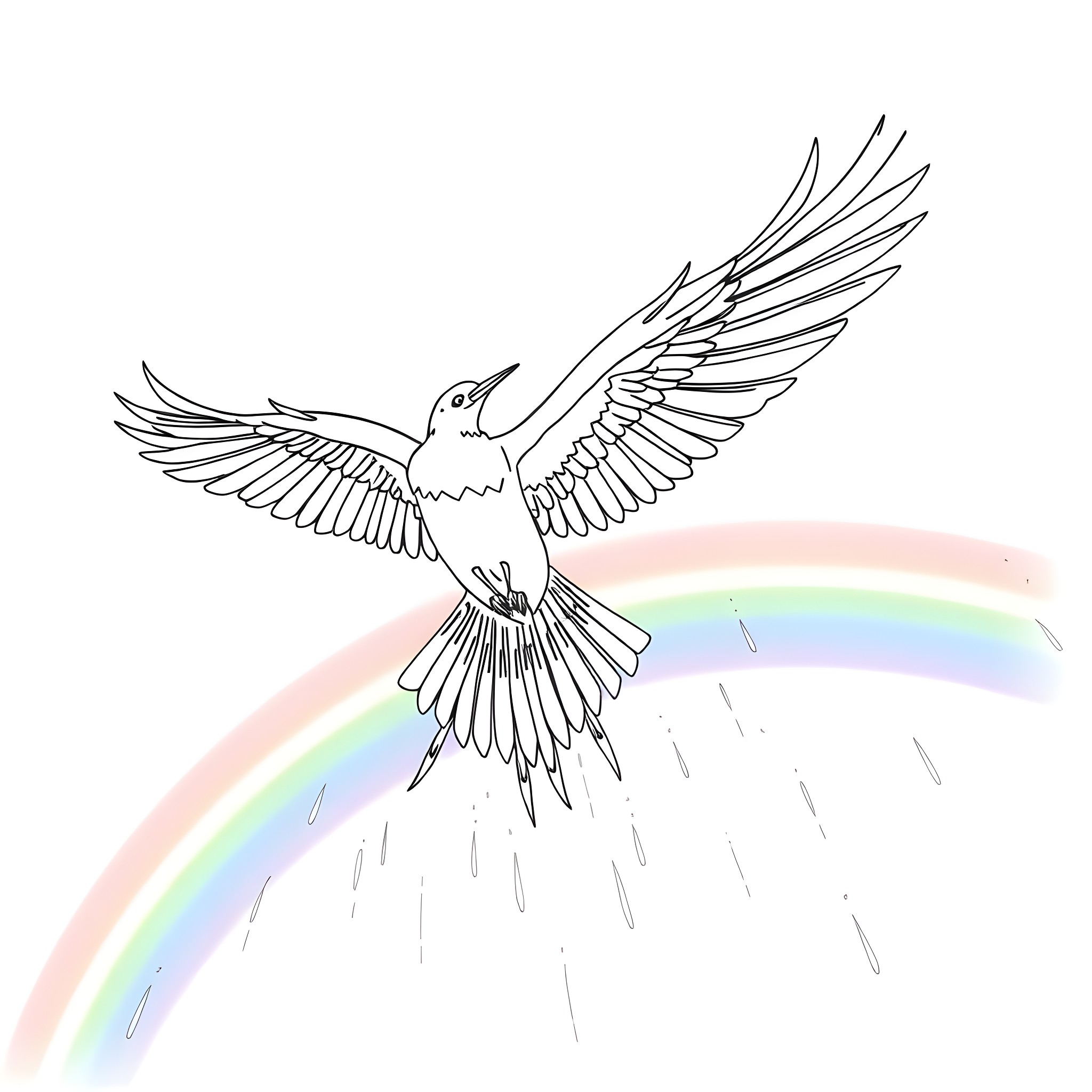 Thunderbird soaring through the rainbow Coloring Page (free black-and-white line drawing printable PDF for all, from beginners to advanced learners, including children, teens, adults, and seniors)