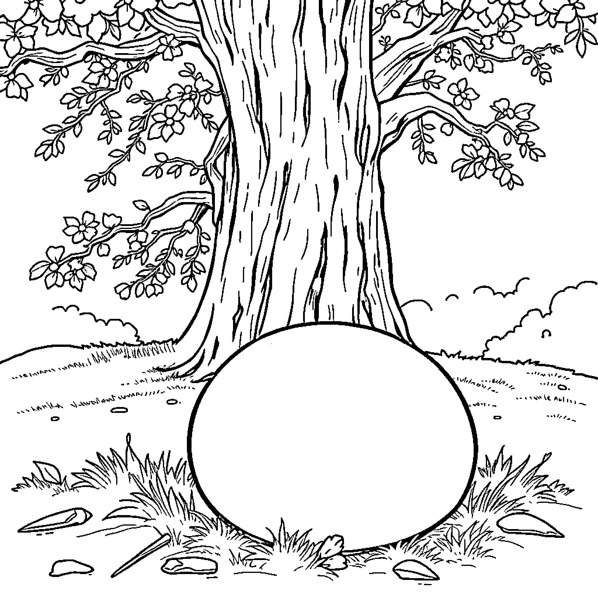 Chestnut Tree Shading a Serene Landscape Coloring Page (free black-and-white line drawing printable PDF for all, from beginners to advanced learners, including children, teens, adults, and seniors)