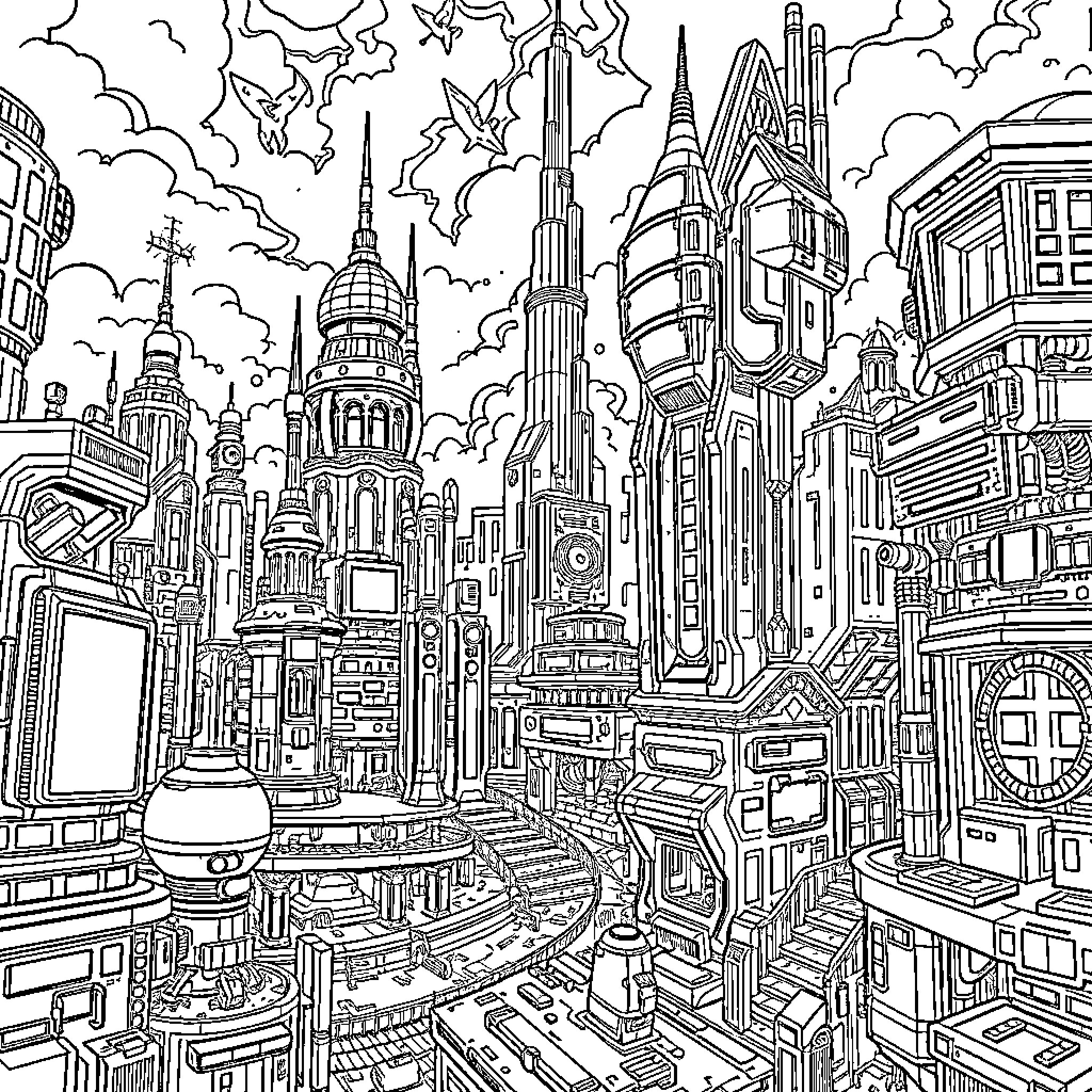 Huntrix: Futuristic Metropolis of Imagination Coloring Page (free black-and-white line drawing printable PDF for all, from beginners to advanced learners, including children, teens, adults, and seniors)