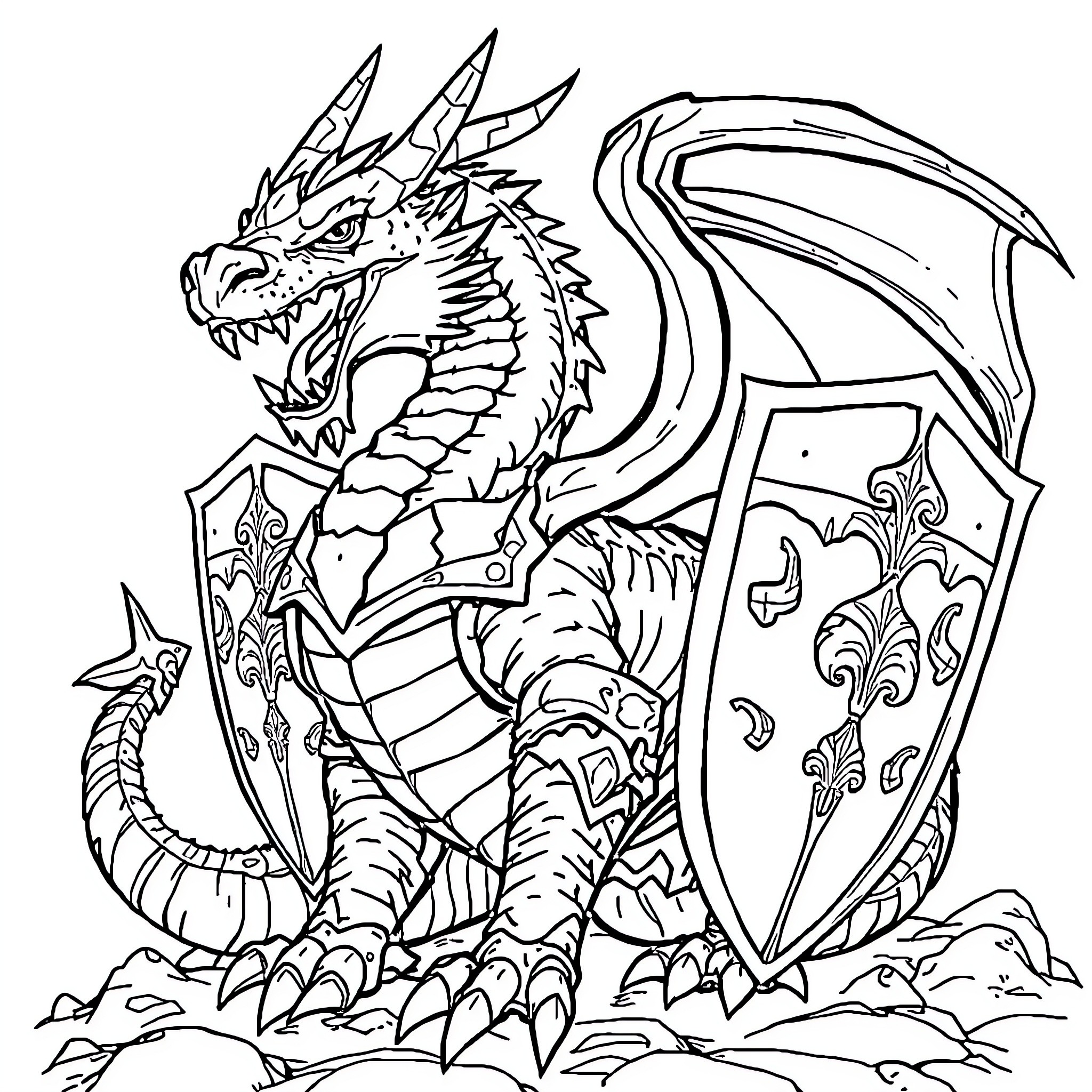Dragon guarding an ornate shield on the battlefield Coloring Page (free black-and-white line drawing printable PDF for all, from beginners to advanced learners, including children, teens, adults, and seniors)