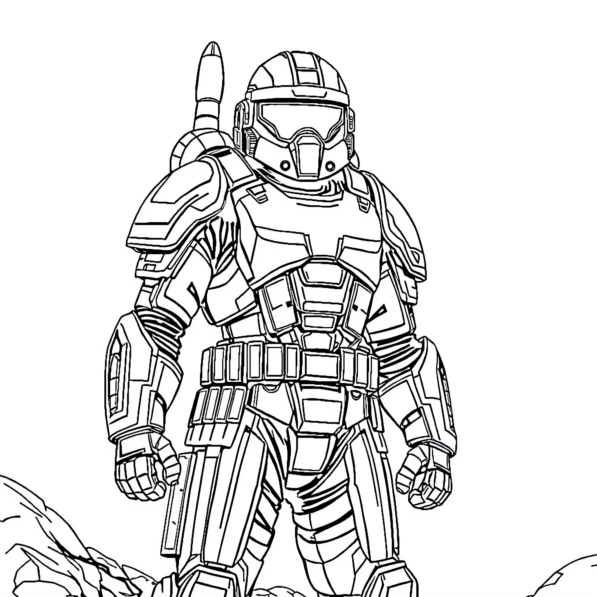 Space Marine in Futuristic Battle Gear Coloring Page (free black-and-white line drawing printable PDF for all, from beginners to advanced learners, including children, teens, adults, and seniors)
