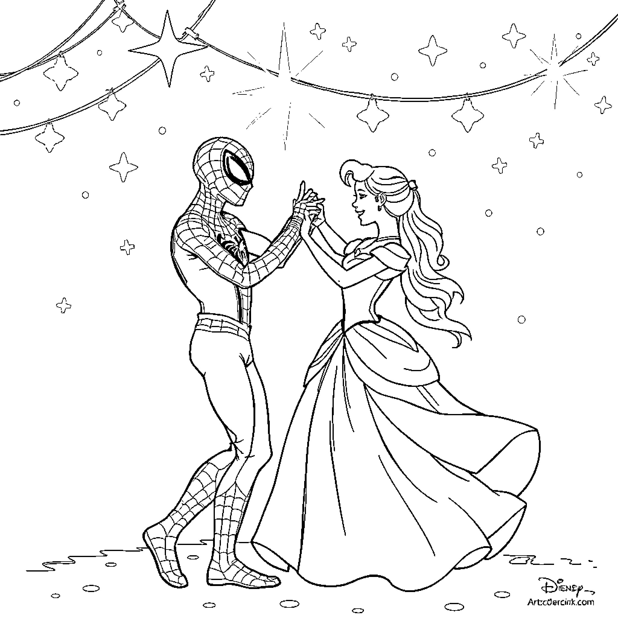 Spiderman dancing with princess under starry night Coloring Page (free black-and-white line drawing printable PDF for all, from beginners to advanced learners, including children, teens, adults, and seniors)