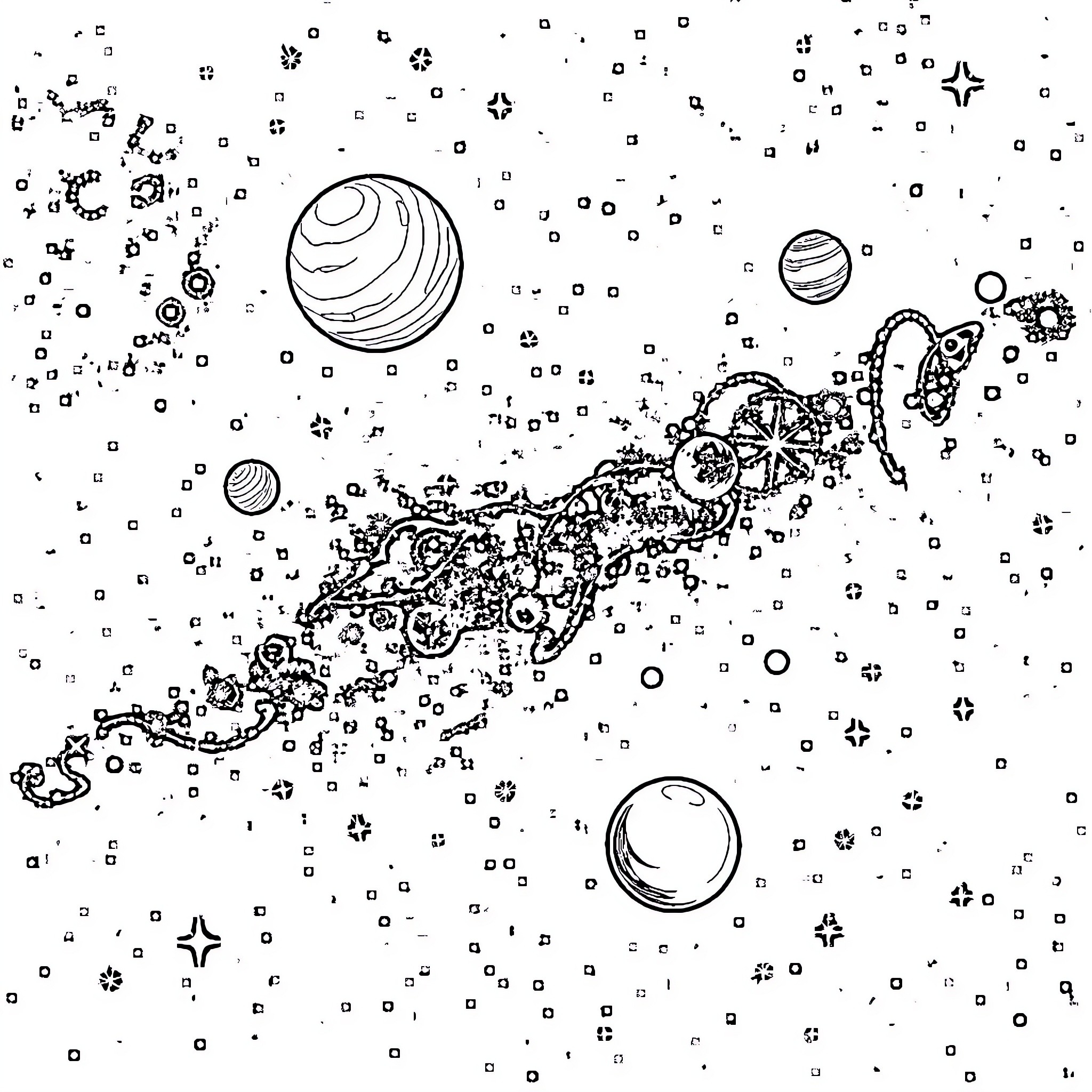 Space creatures and planets in a cosmic scene Coloring Page (free black-and-white line drawing printable PDF for all, from beginners to advanced learners, including children, teens, adults, and seniors)