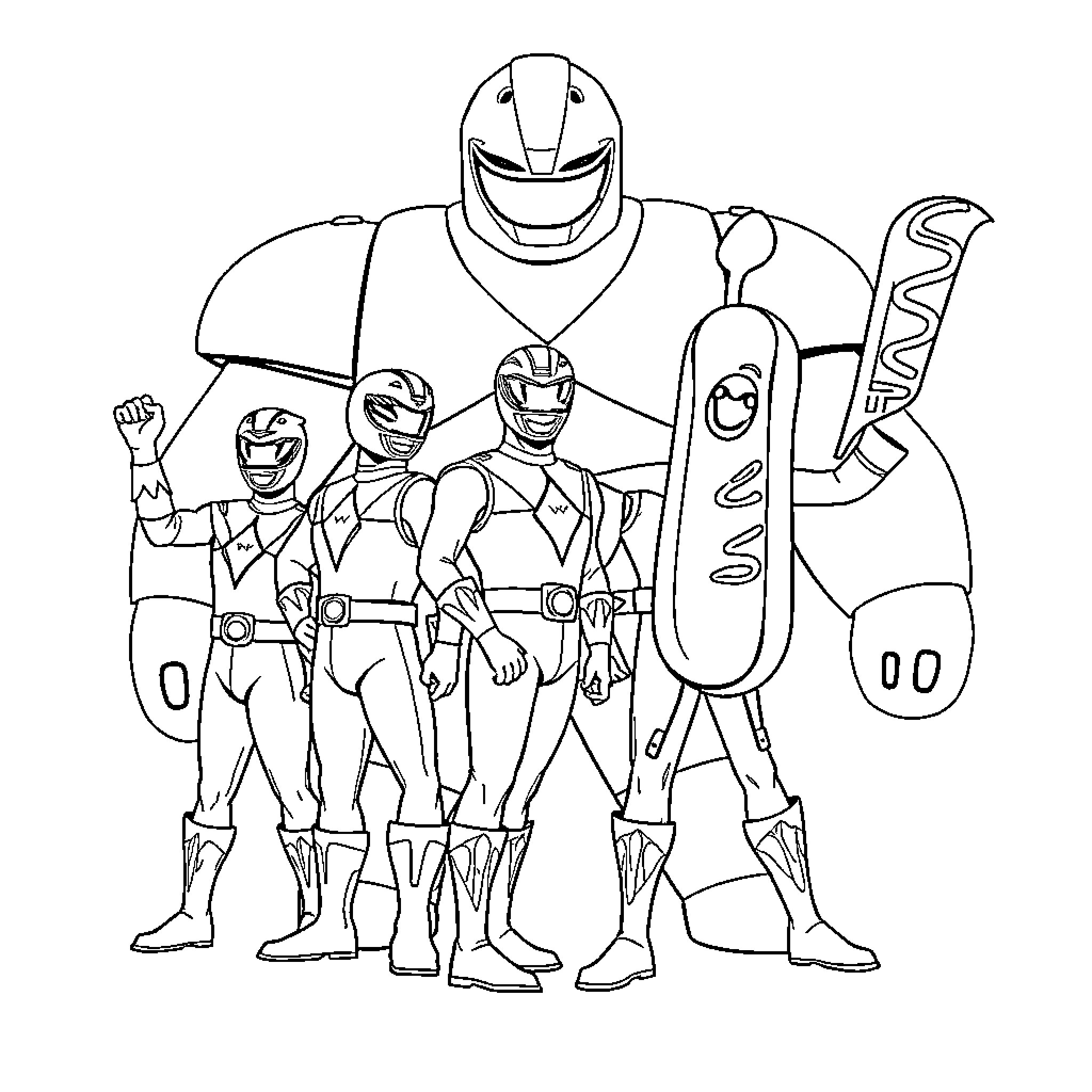 Power Ranger Squad Assembled for Action Coloring Page (free black-and-white line drawing printable PDF for all, from beginners to advanced learners, including children, teens, adults, and seniors)