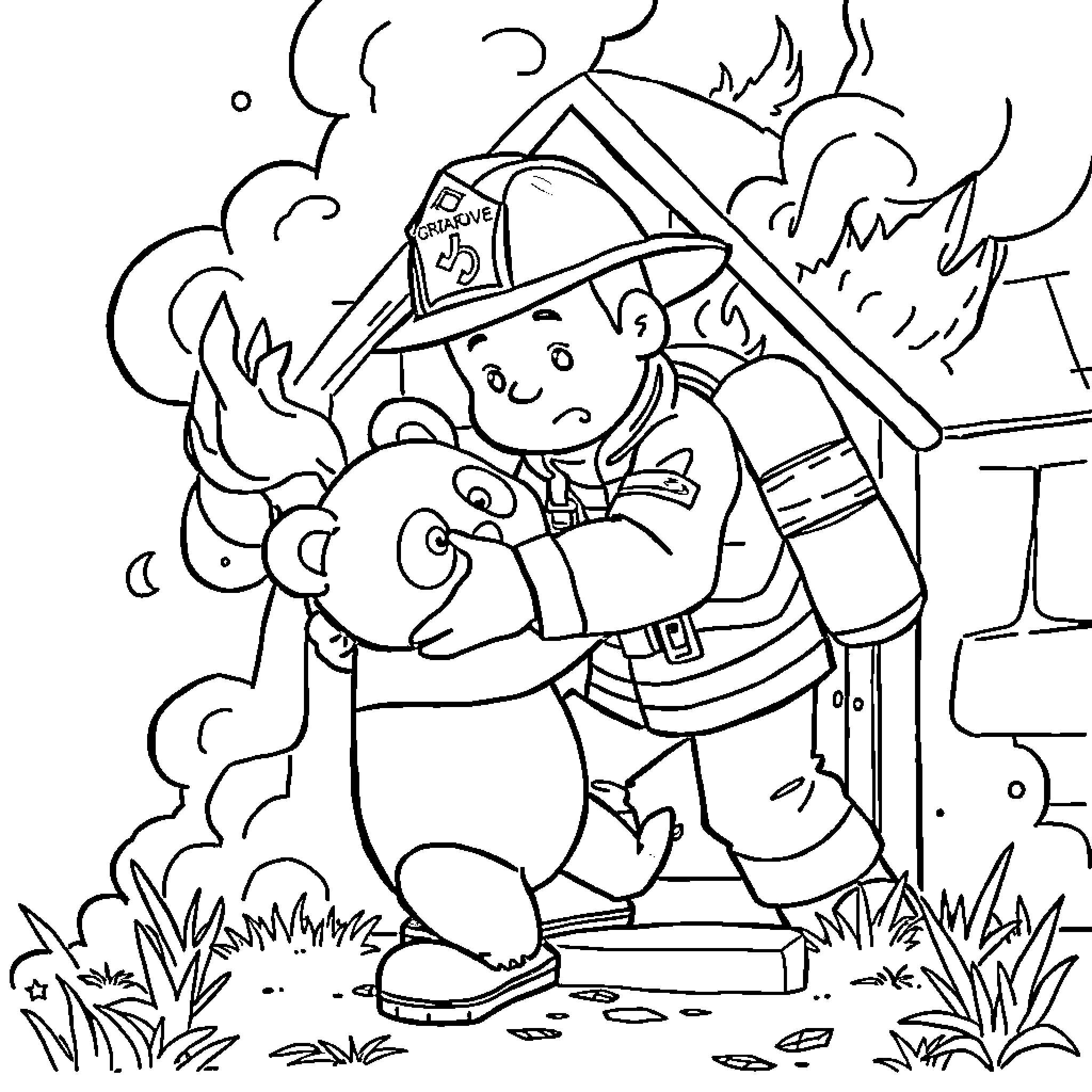 Fireman rescuing frightened kitten from fire Coloring Page (free black-and-white line drawing printable PDF for all, from beginners to advanced learners, including children, teens, adults, and seniors)