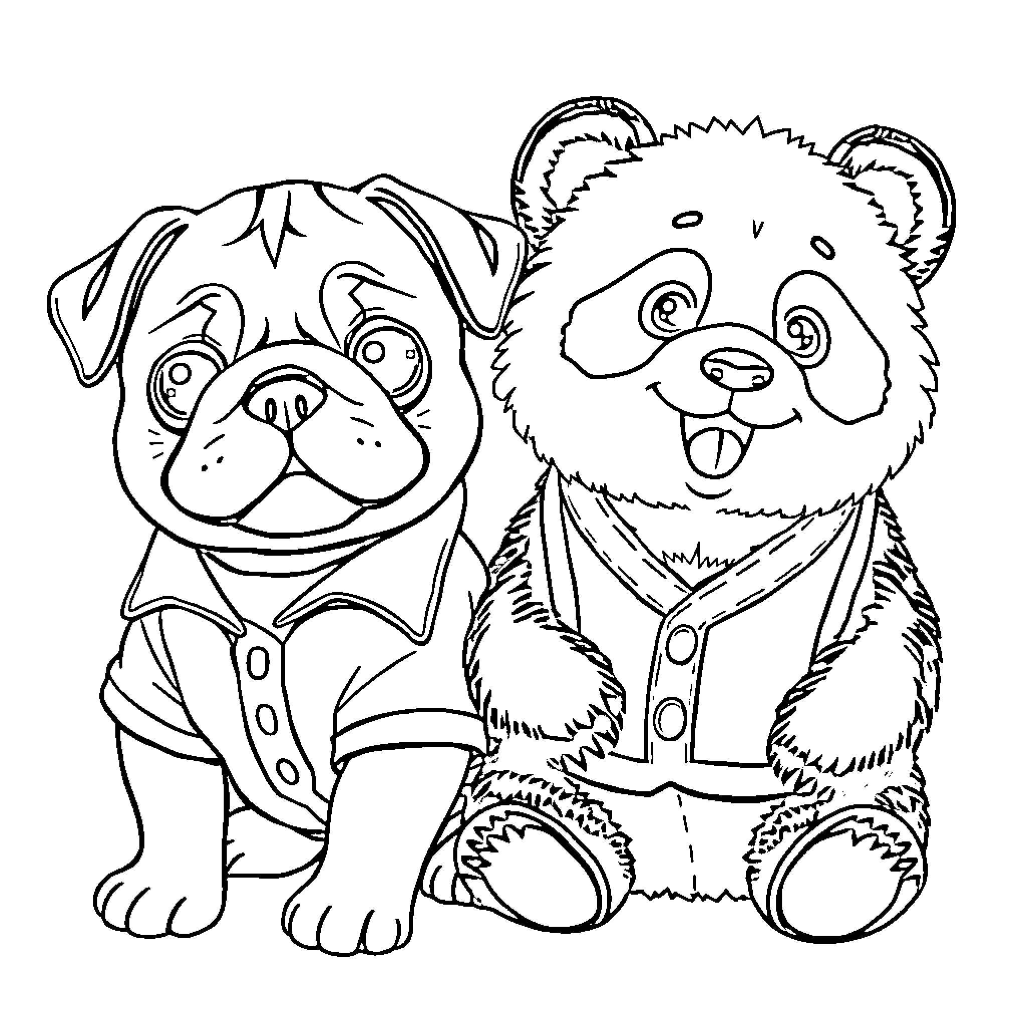 Pug and Teddy Bear in Matching Outfits Coloring Page (free black-and-white line drawing printable PDF for all, from beginners to advanced learners, including children, teens, adults, and seniors)