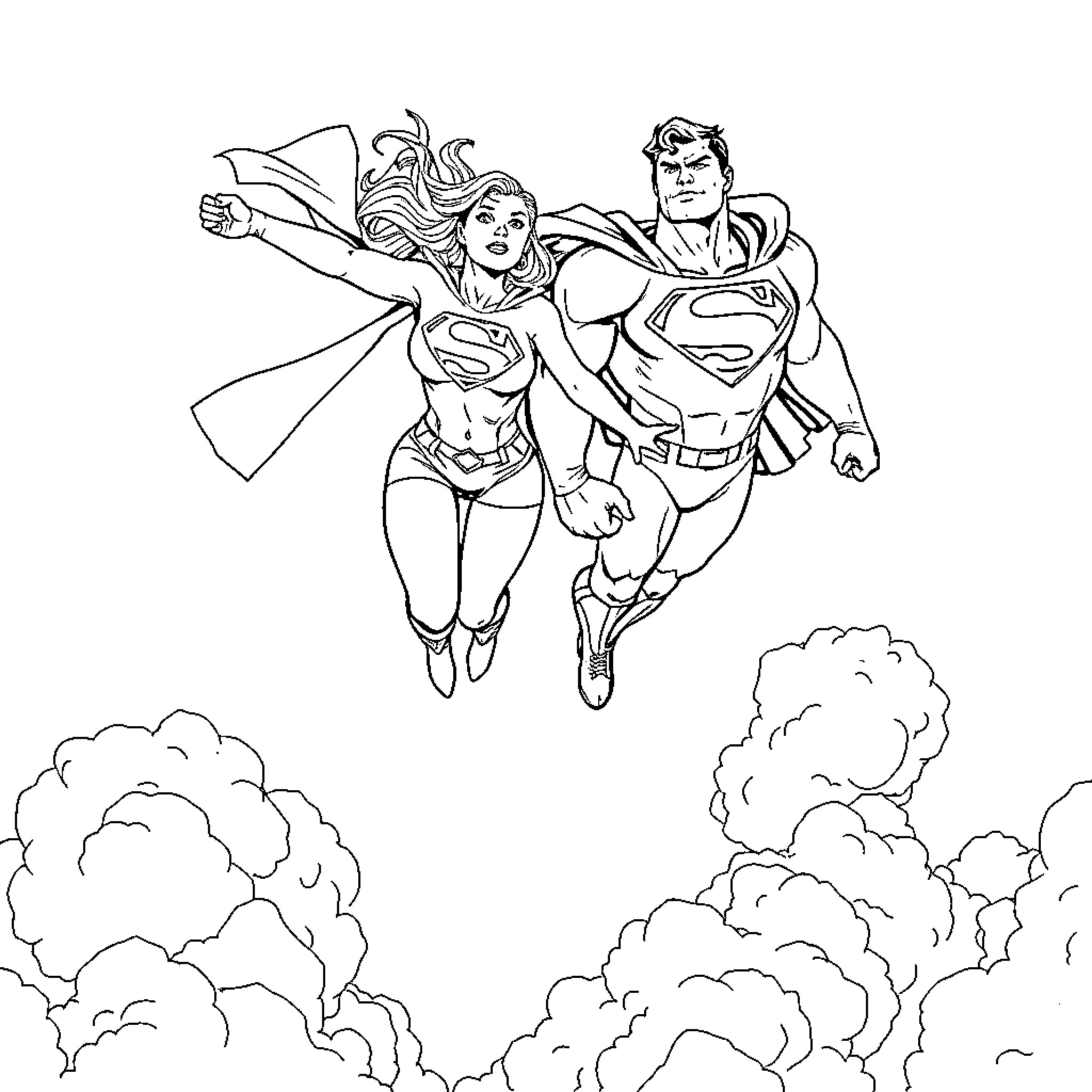 Superhero duo soaring through the skies Coloring Page (free black-and-white line drawing printable PDF for all, from beginners to advanced learners, including children, teens, adults, and seniors)