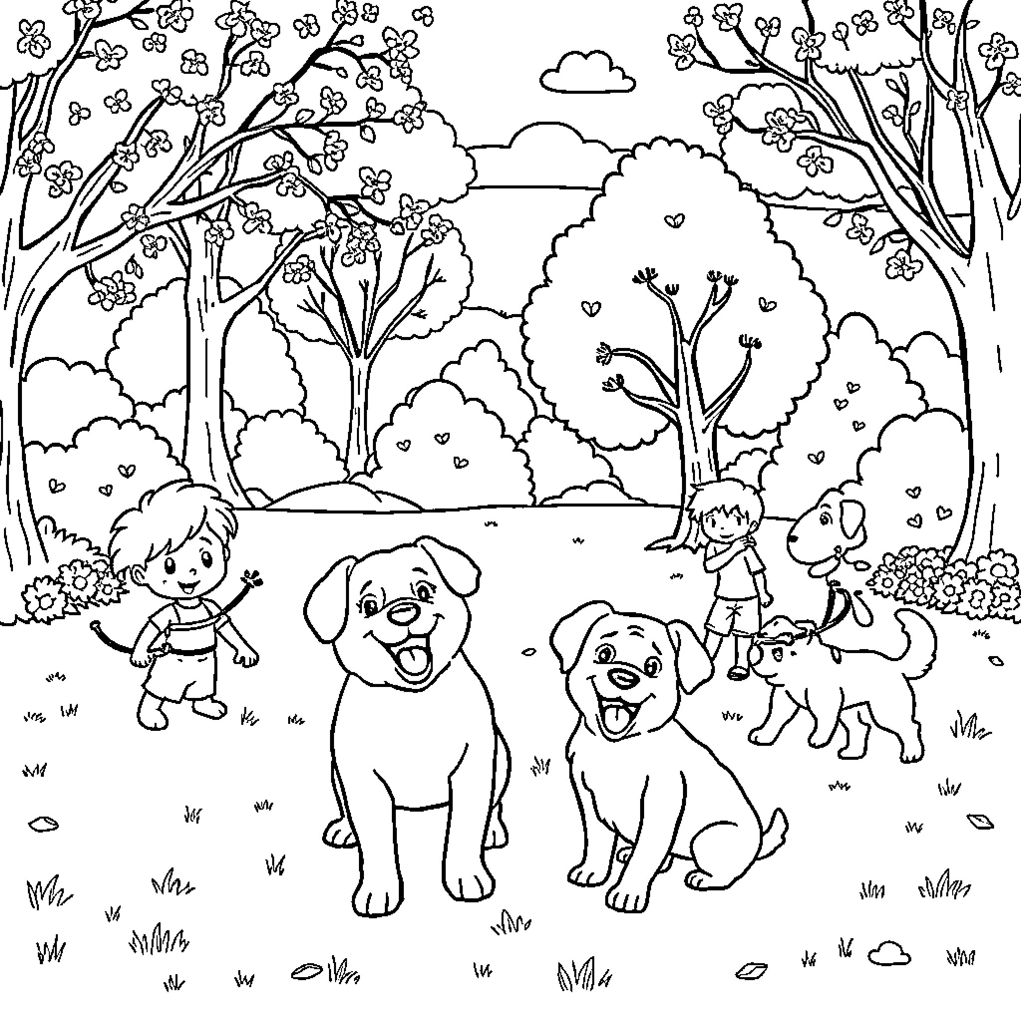 Dogs playing happily in a scenic park Coloring Page (free black-and-white line drawing printable PDF for all, from beginners to advanced learners, including children, teens, adults, and seniors)