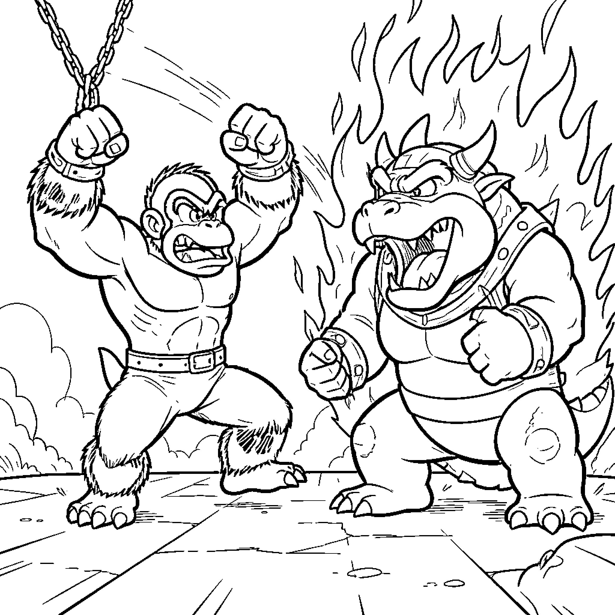 Donkey Kong battling a fiery beast Coloring Page (free black-and-white line drawing printable PDF for all, from beginners to advanced learners, including children, teens, adults, and seniors)