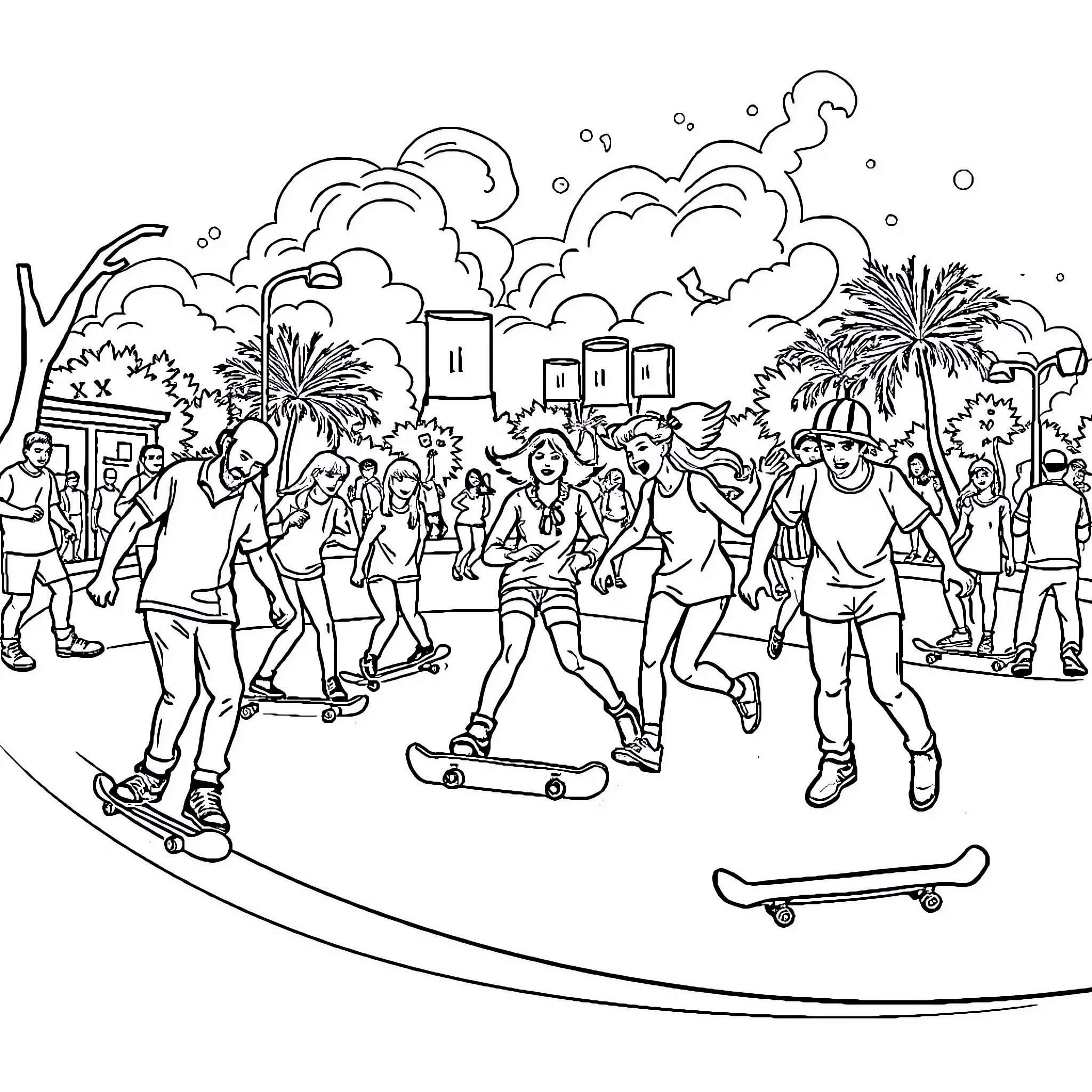 People enjoying outdoor recreational activities in a lively urban setting Coloring Page (free black-and-white line drawing printable PDF for all, from beginners to advanced learners, including children, teens, adults, and seniors)