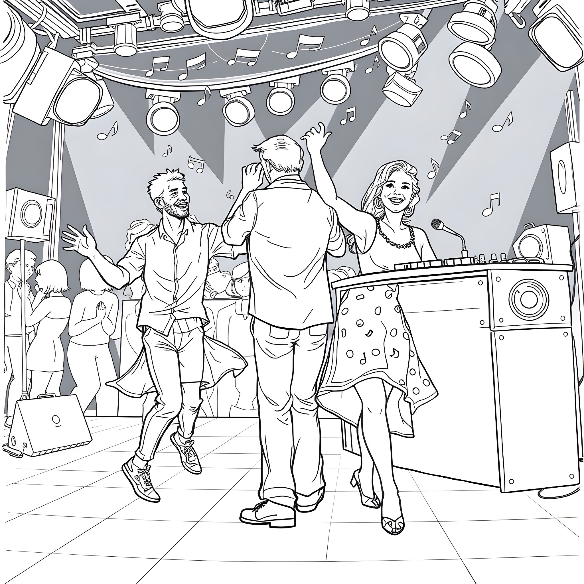 Dancer Performing on Stage with Musicians and Audience Coloring Page (free black-and-white line drawing printable PDF for all, from beginners to advanced learners, including children, teens, adults, and seniors)