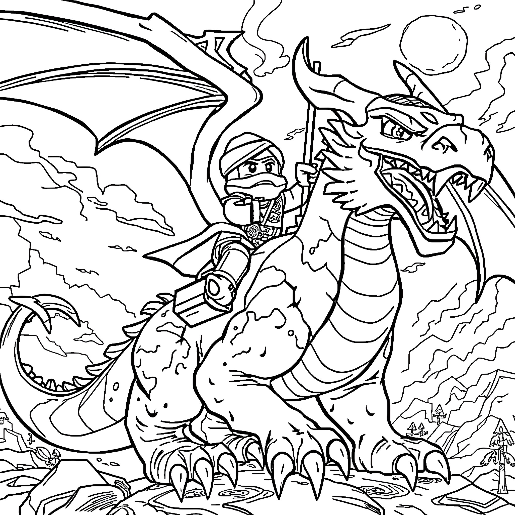 Ninja battles fierce dragon in mythical landscape Coloring Page (free black-and-white line drawing printable PDF for all, from beginners to advanced learners, including children, teens, adults, and seniors)