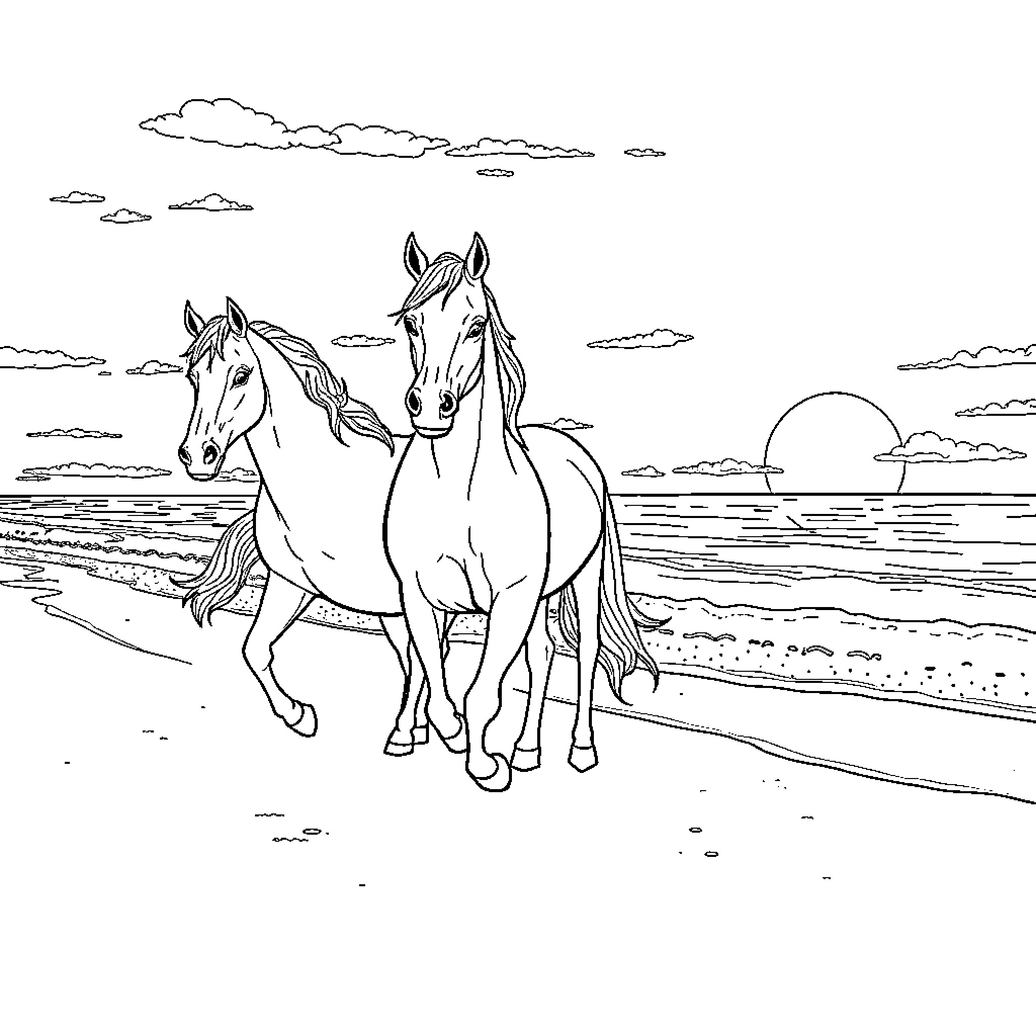 Einhorn running on the beach with their companion Coloring Page (free black-and-white line drawing printable PDF for all, from beginners to advanced learners, including children, teens, adults, and seniors)