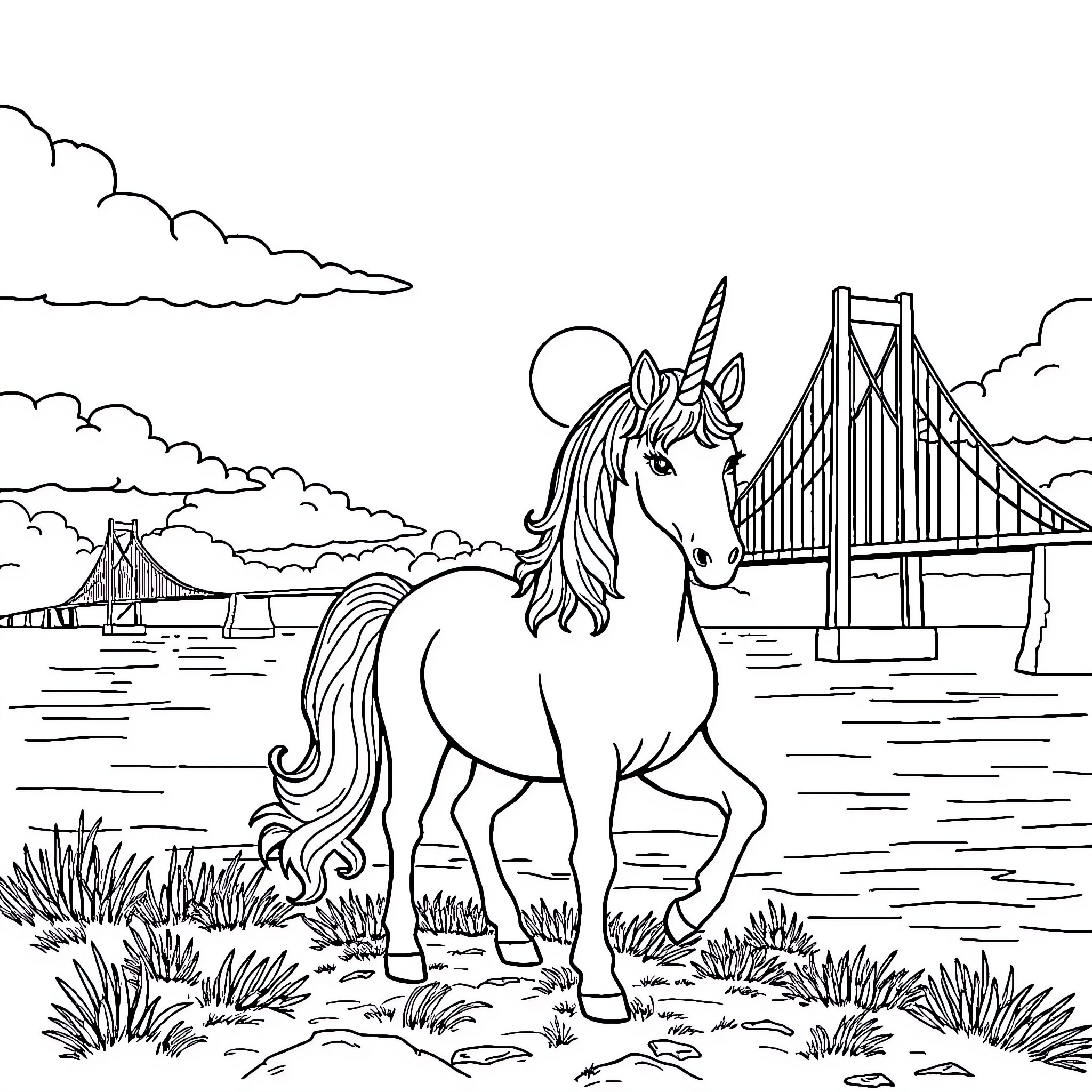 Unicorn gazing at the iconic bridge Coloring Page (free black-and-white line drawing printable PDF for all, from beginners to advanced learners, including children, teens, adults, and seniors)