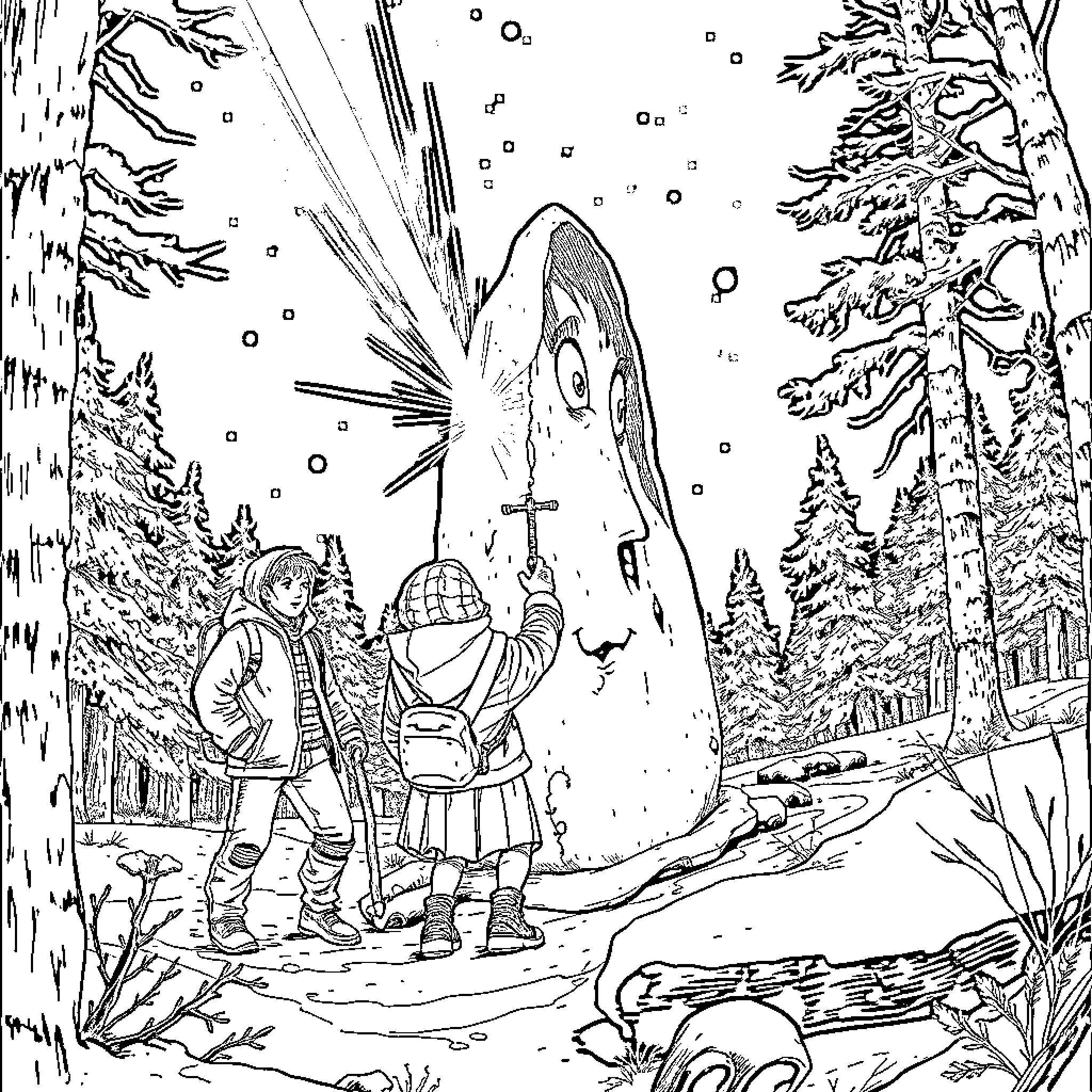 Friends explore snowy winter wonderland together Coloring Page (free black-and-white line drawing printable PDF for all, from beginners to advanced learners, including children, teens, adults, and seniors)