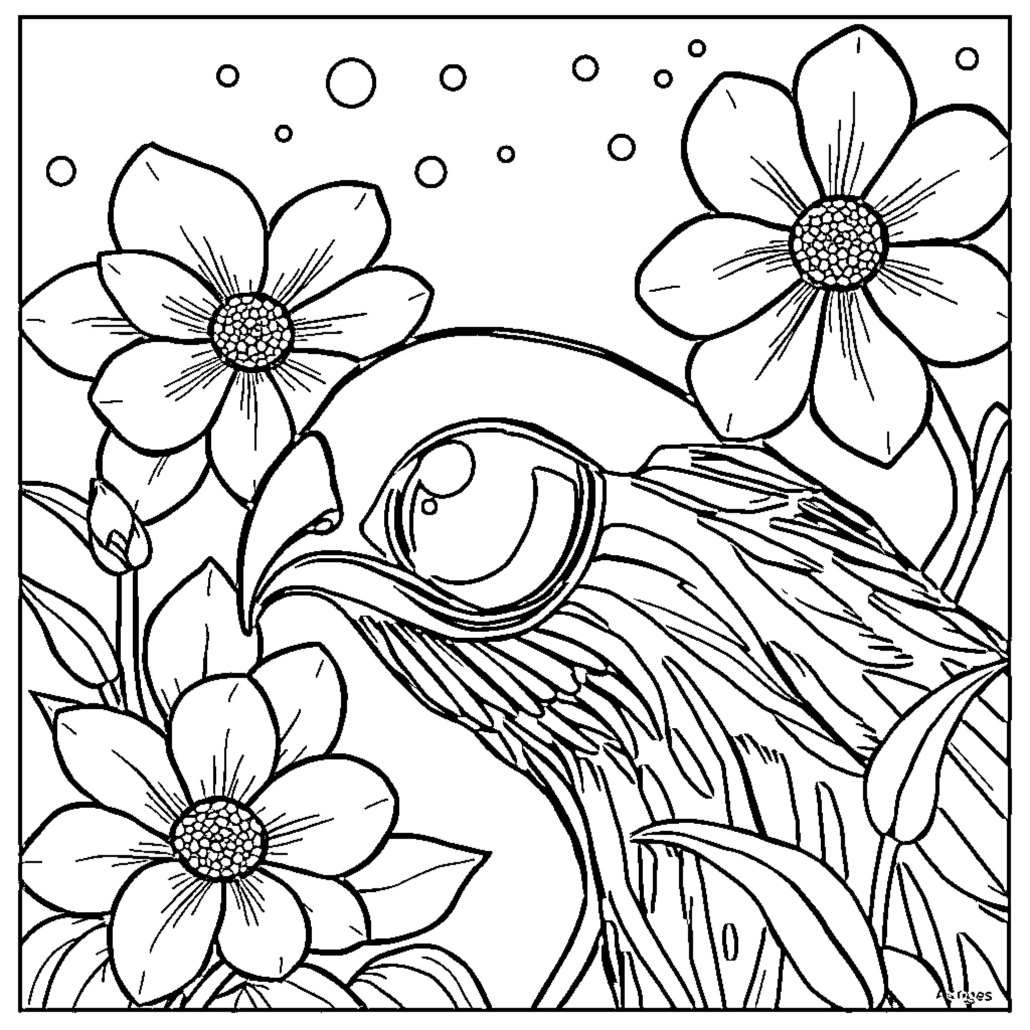 Beauty of Blooming Flowers and Vibrant Bird Coloring Page (free black-and-white line drawing printable PDF for all, from beginners to advanced learners, including children, teens, adults, and seniors)
