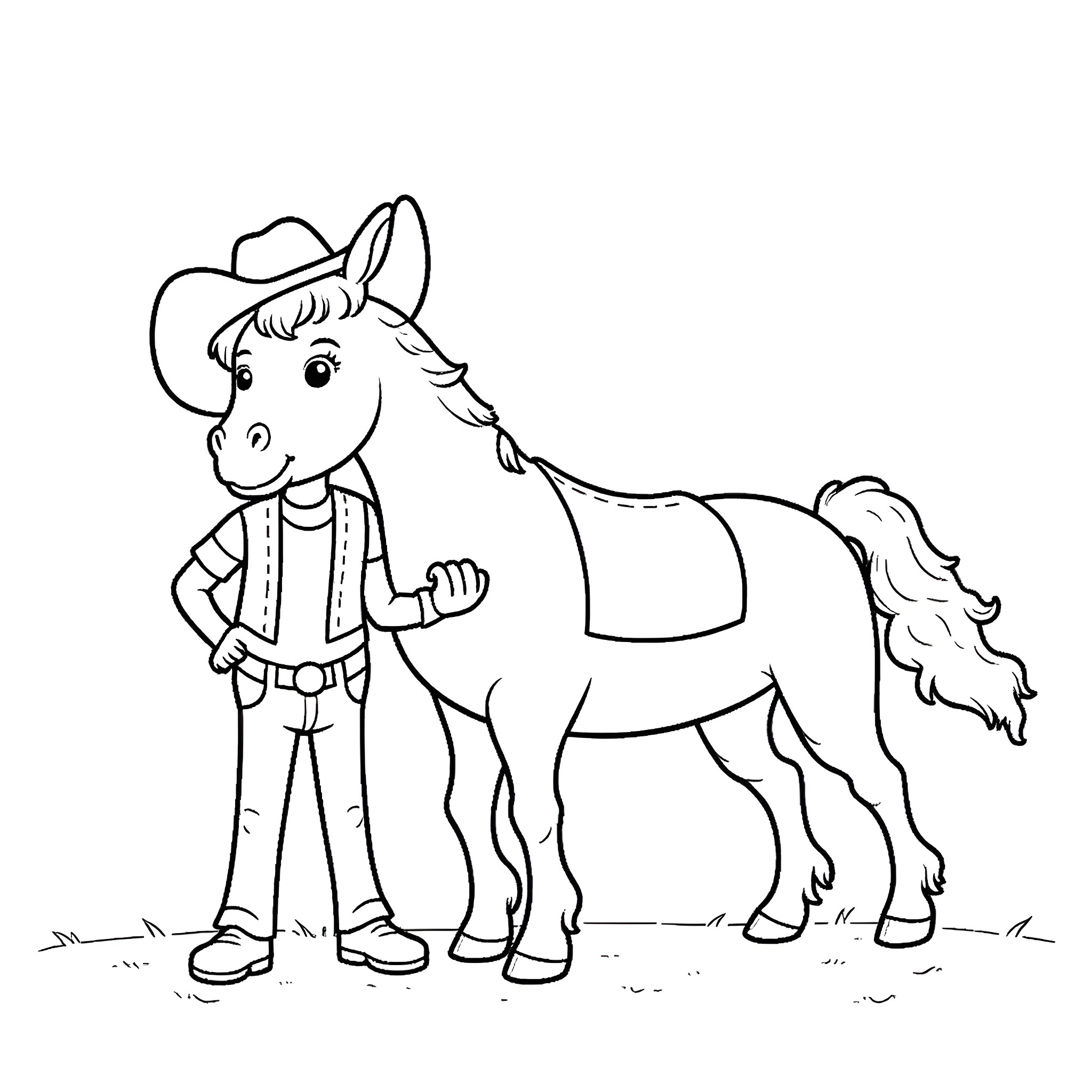 Horse and cowboy having an adventure together Coloring Page (free black-and-white line drawing printable PDF for all, from beginners to advanced learners, including children, teens, adults, and seniors)
