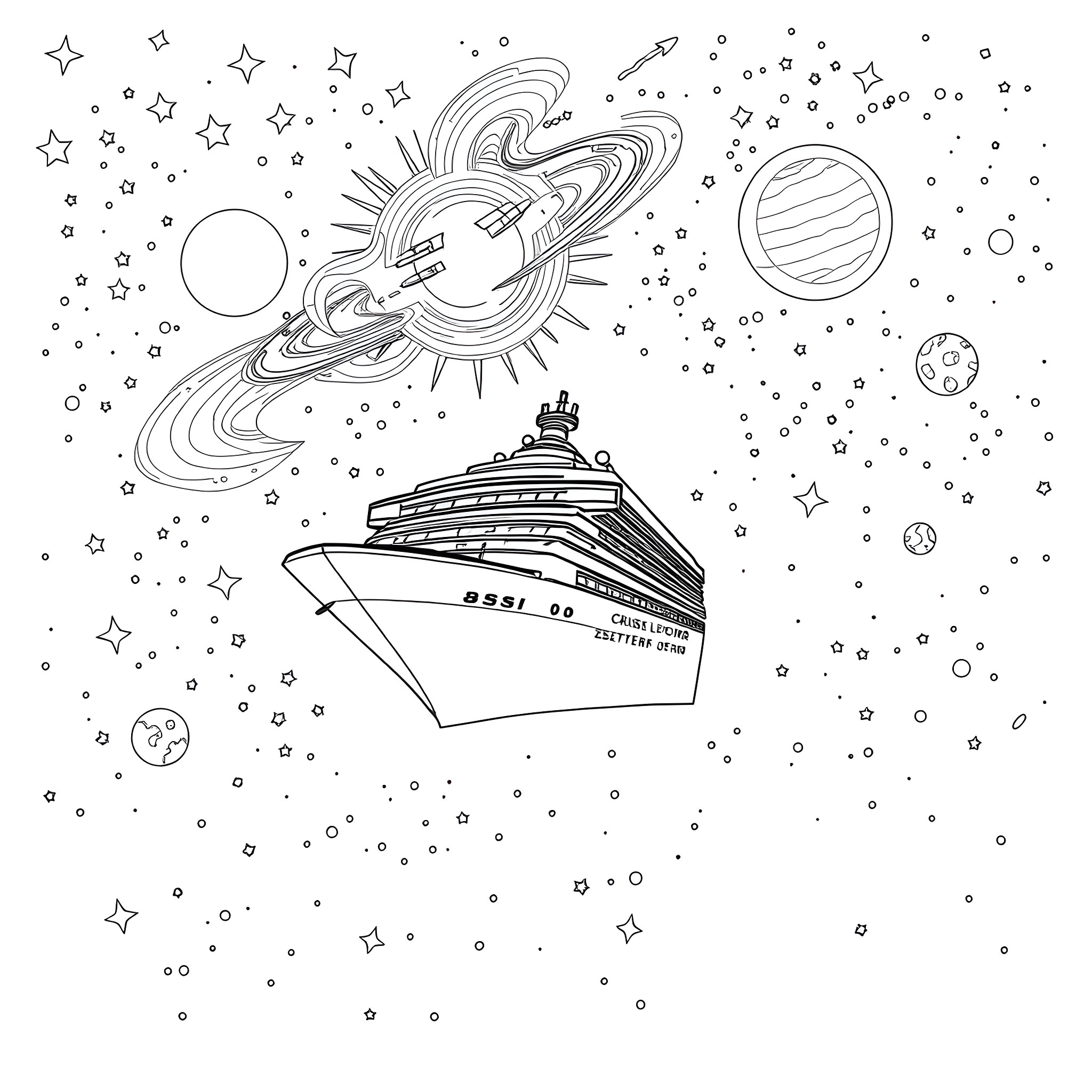 Cruise Ship Sailing through Cosmic Wonders Coloring Page (free black-and-white line drawing printable PDF for all, from beginners to advanced learners, including children, teens, adults, and seniors)