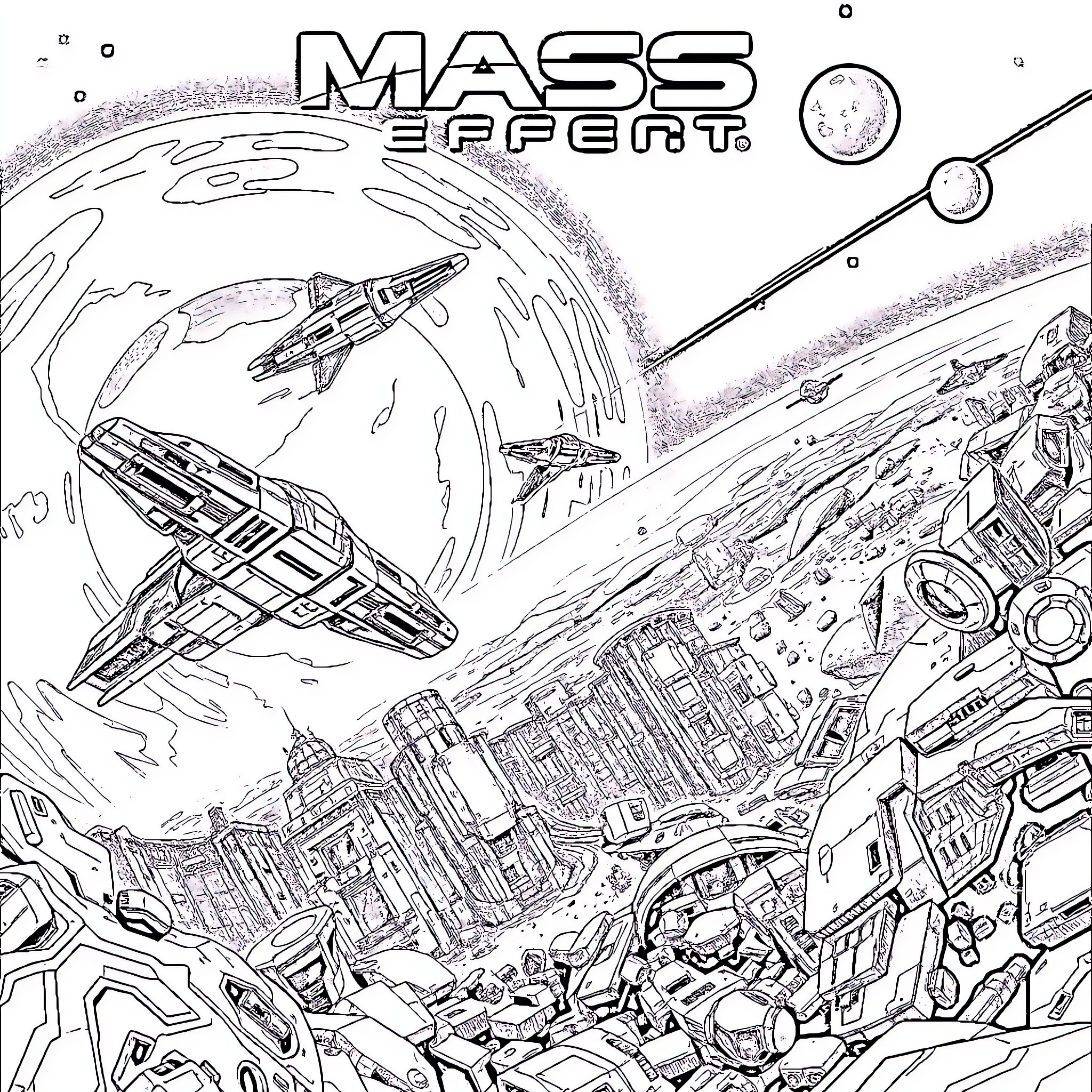 Mass Effect: Sci-Fi Spacecraft and Futuristic Cityscape Coloring Page (free black-and-white line drawing printable PDF for all, from beginners to advanced learners, including children, teens, adults, and seniors)