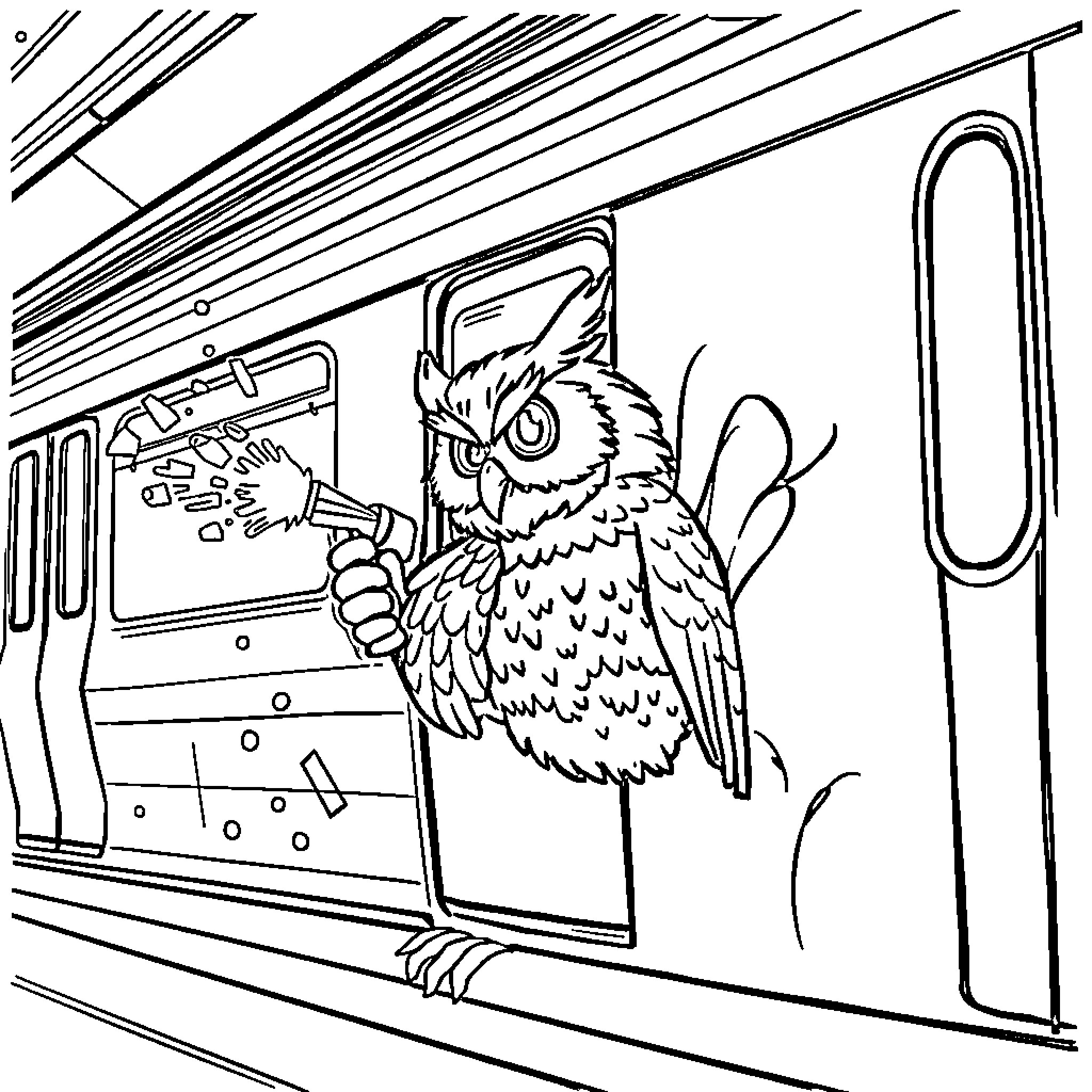 Owl Riding a Subway Train Coloring Page (free black-and-white line drawing printable PDF for all, from beginners to advanced learners, including children, teens, adults, and seniors)