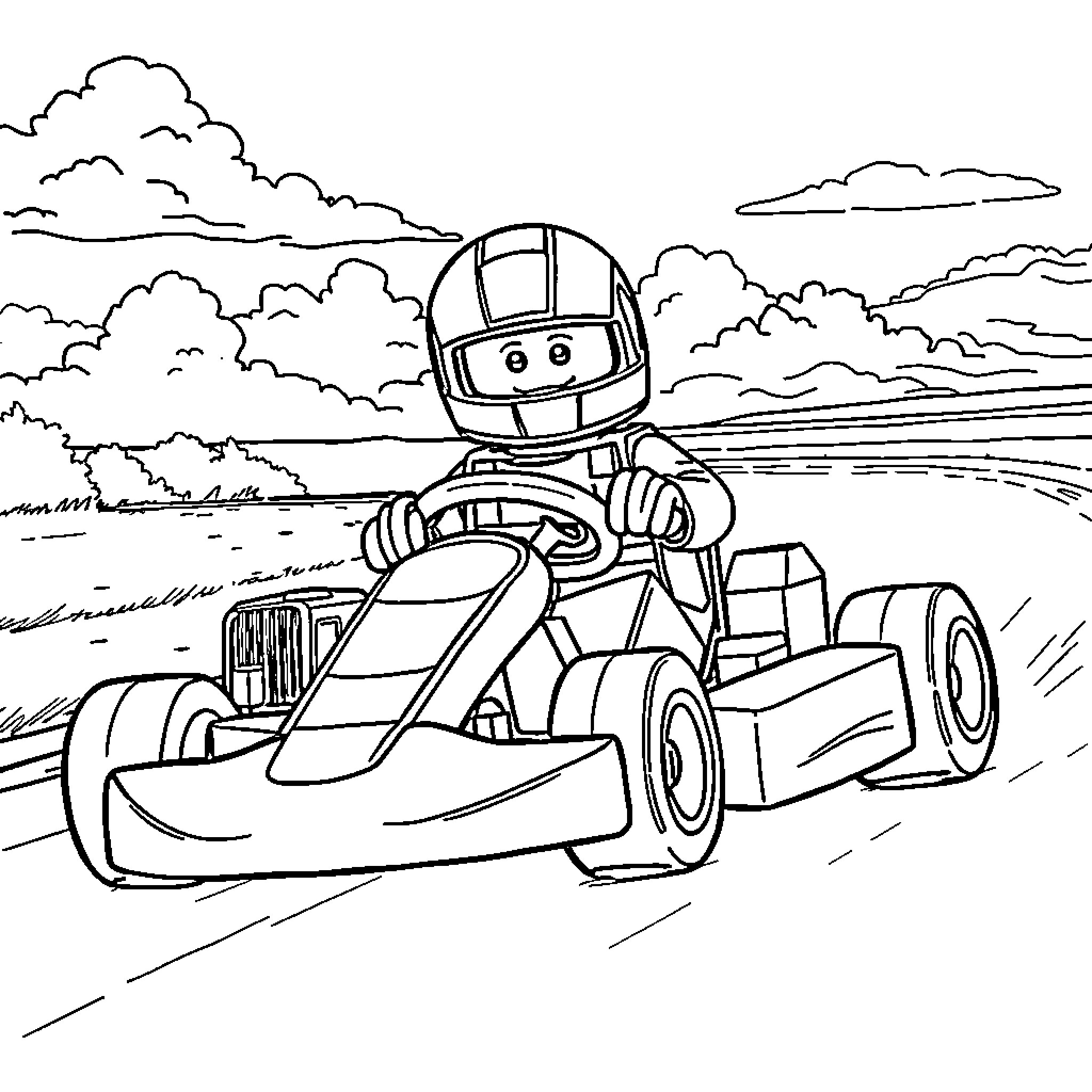 LEGO Character Speeding in Race Car on Track Coloring Page (free black-and-white line drawing printable PDF for all, from beginners to advanced learners, including children, teens, adults, and seniors)