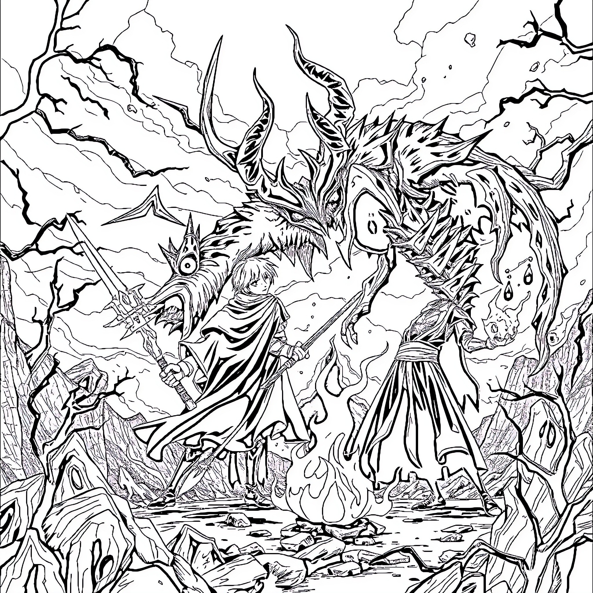 Soul Eater: Fierce battle between warrior and monstrous creature Coloring Page (free black-and-white line drawing printable PDF for all, from beginners to advanced learners, including children, teens, adults, and seniors)