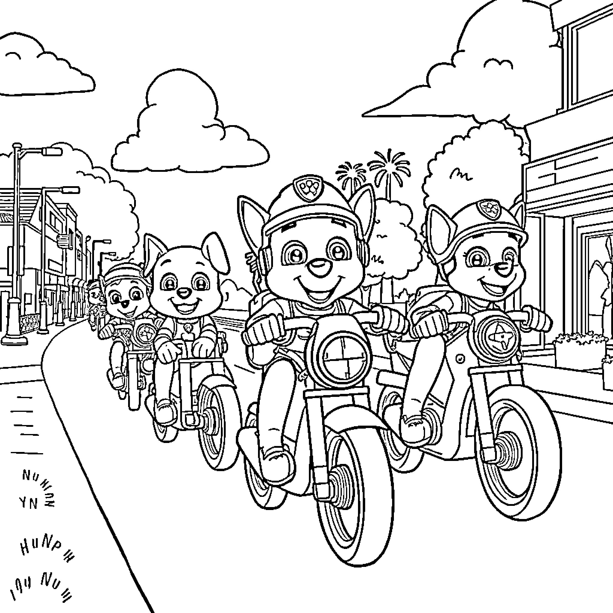 Paw Patrol Pups Riding Bicycles in the City Coloring Page (free black-and-white line drawing printable PDF for all, from beginners to advanced learners, including children, teens, adults, and seniors)