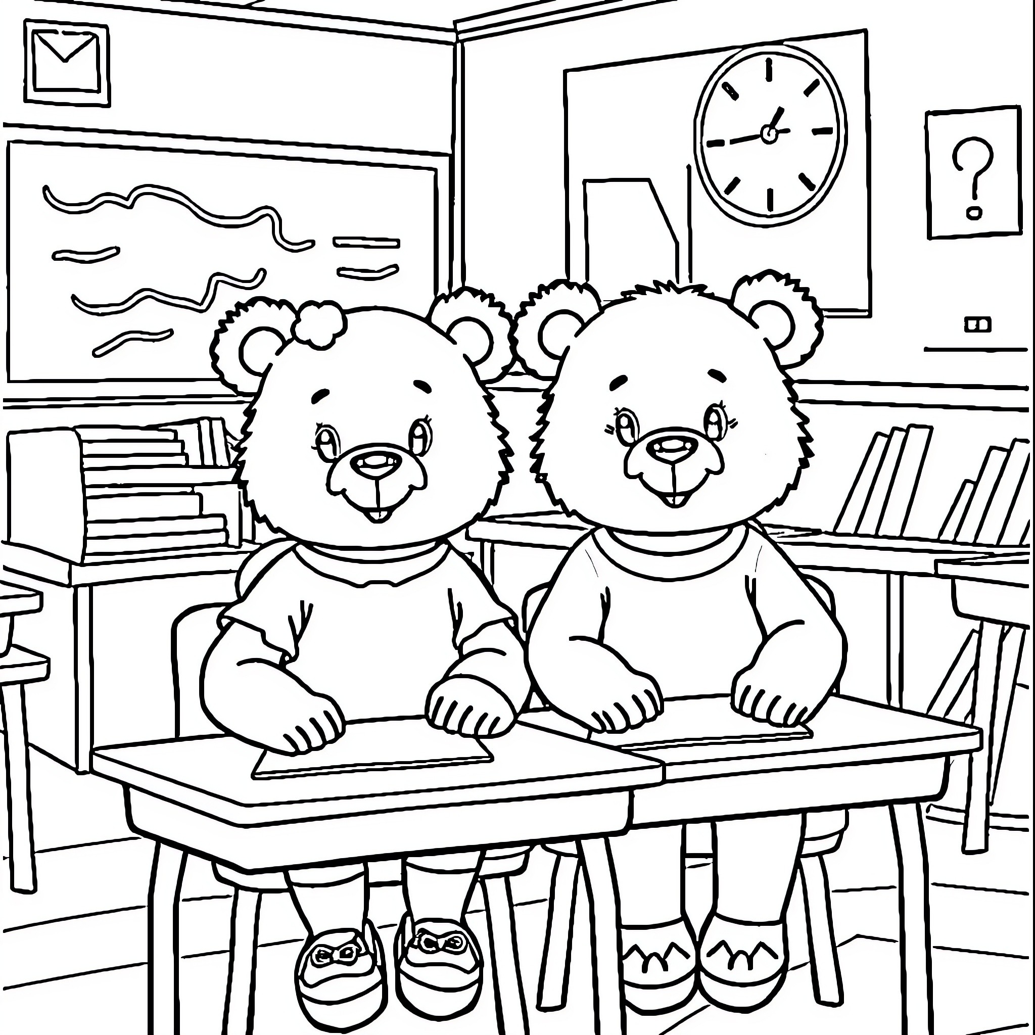 Bear students studying together in the classroom Coloring Page (free black-and-white line drawing printable PDF for all, from beginners to advanced learners, including children, teens, adults, and seniors)
