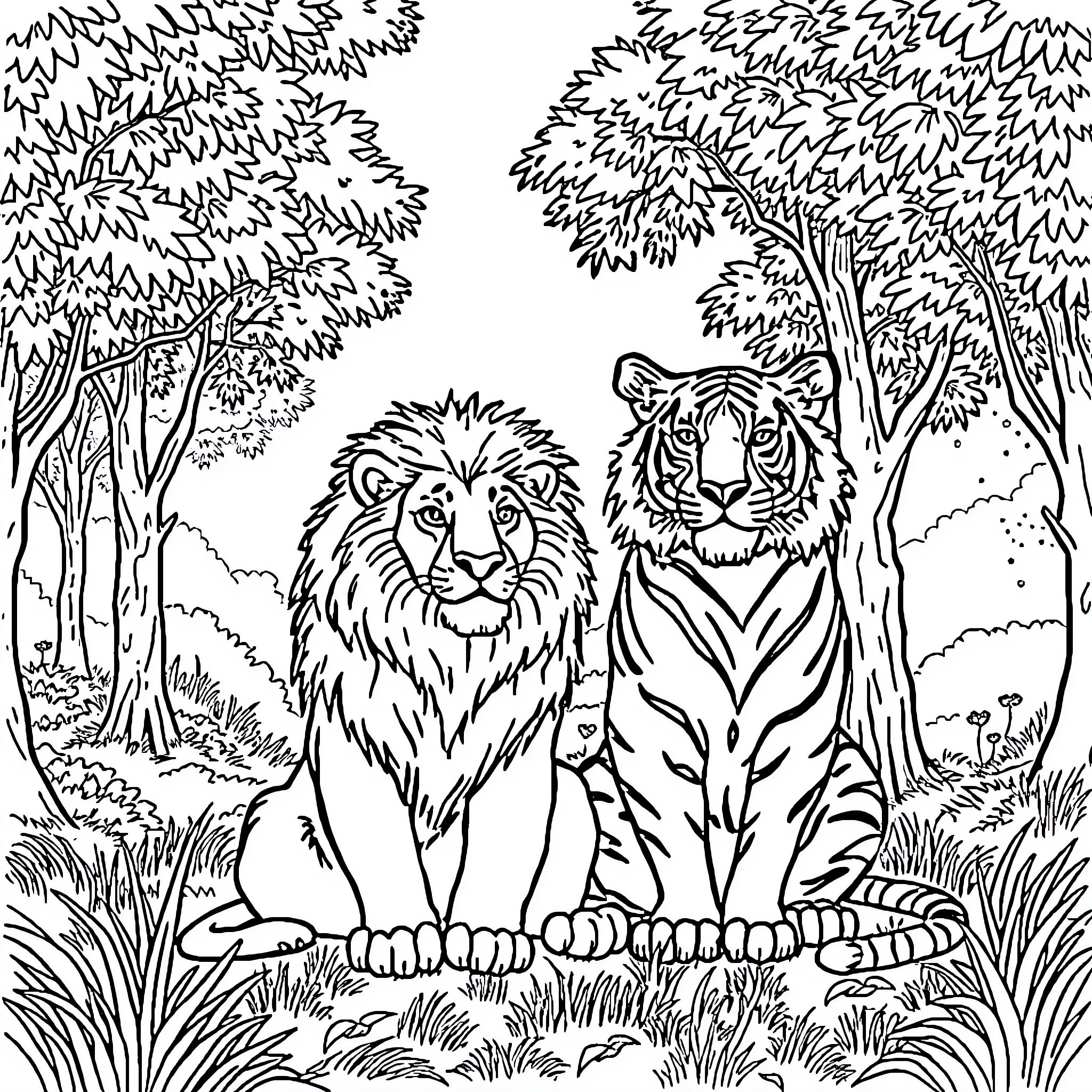 Lion siblings in the wild jungle Coloring Page (free black-and-white line drawing printable PDF for all, from beginners to advanced learners, including children, teens, adults, and seniors)